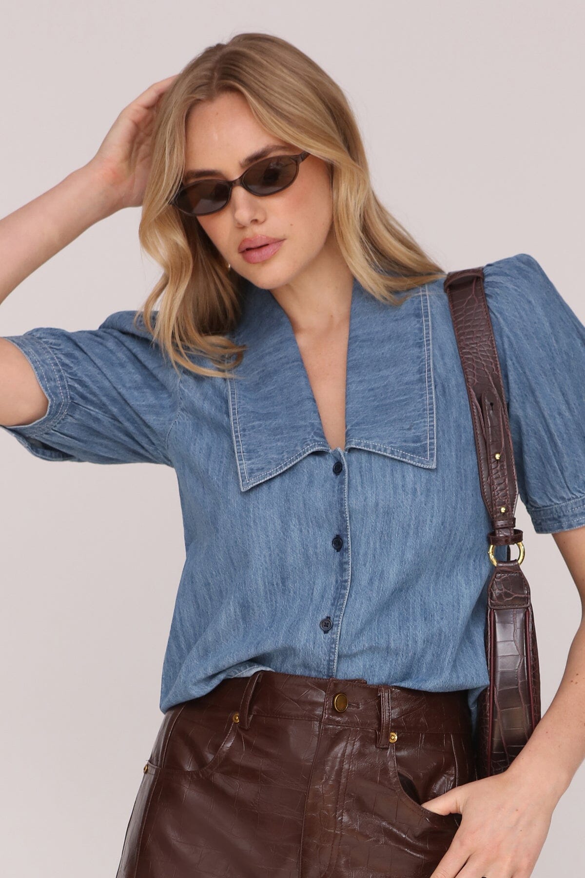 Collared Puff Sleeve Denim Top Shirts & Tops Avec Les Filles 