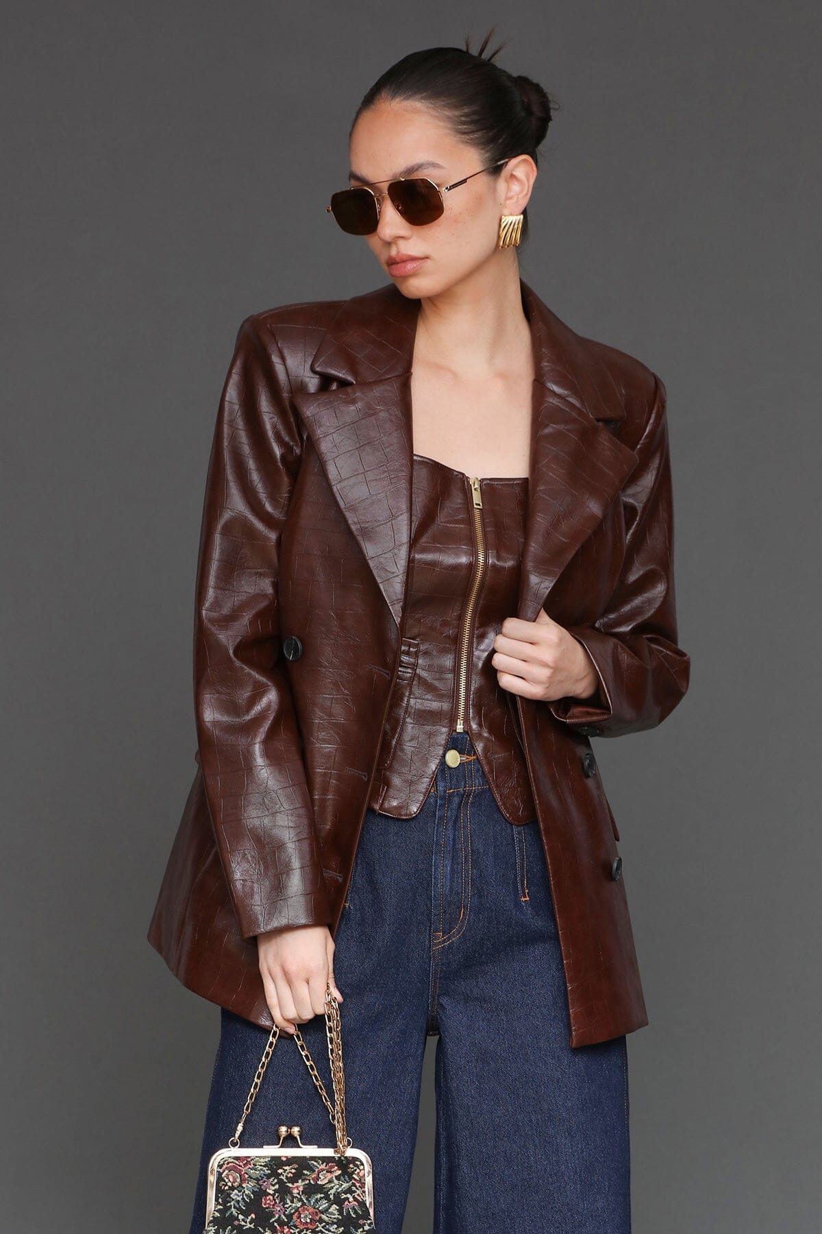 Faux croc tailored chocolate brown double-breasted blazer jacket with crocodile-embossed faux leather finish - Cute women's blazer by Avec Les Filles