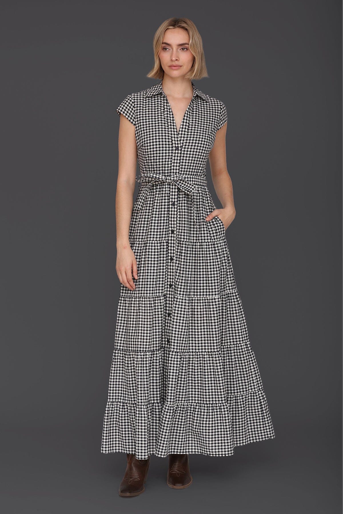 Gingham Cotton Tiered Maxi Shirtdress Dresses Avec Les Filles Black-Creme 0 