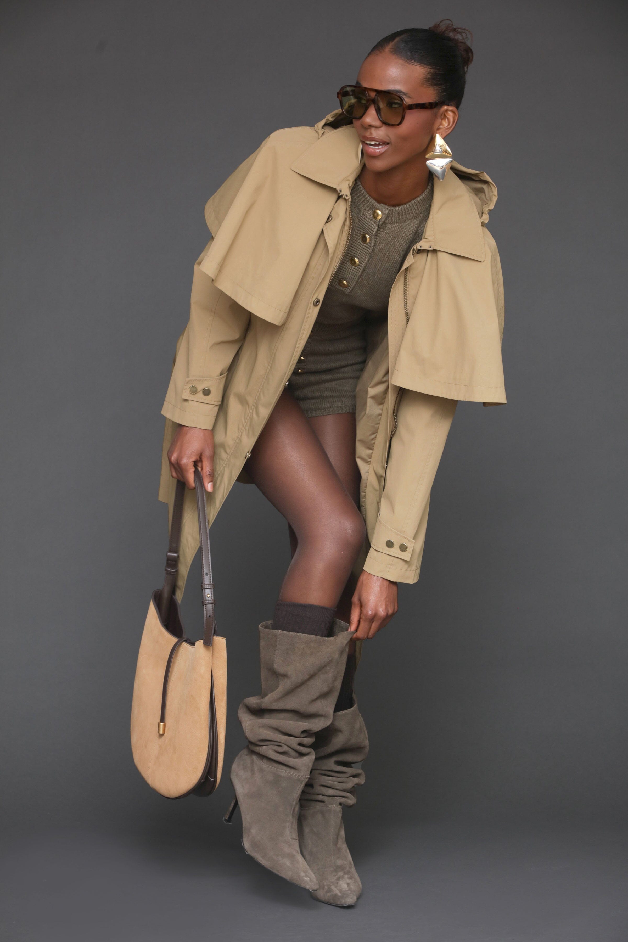 Oversized Wheat Beige Nylon Cape Raincoat Coats & Jackets Avec Les Filles 