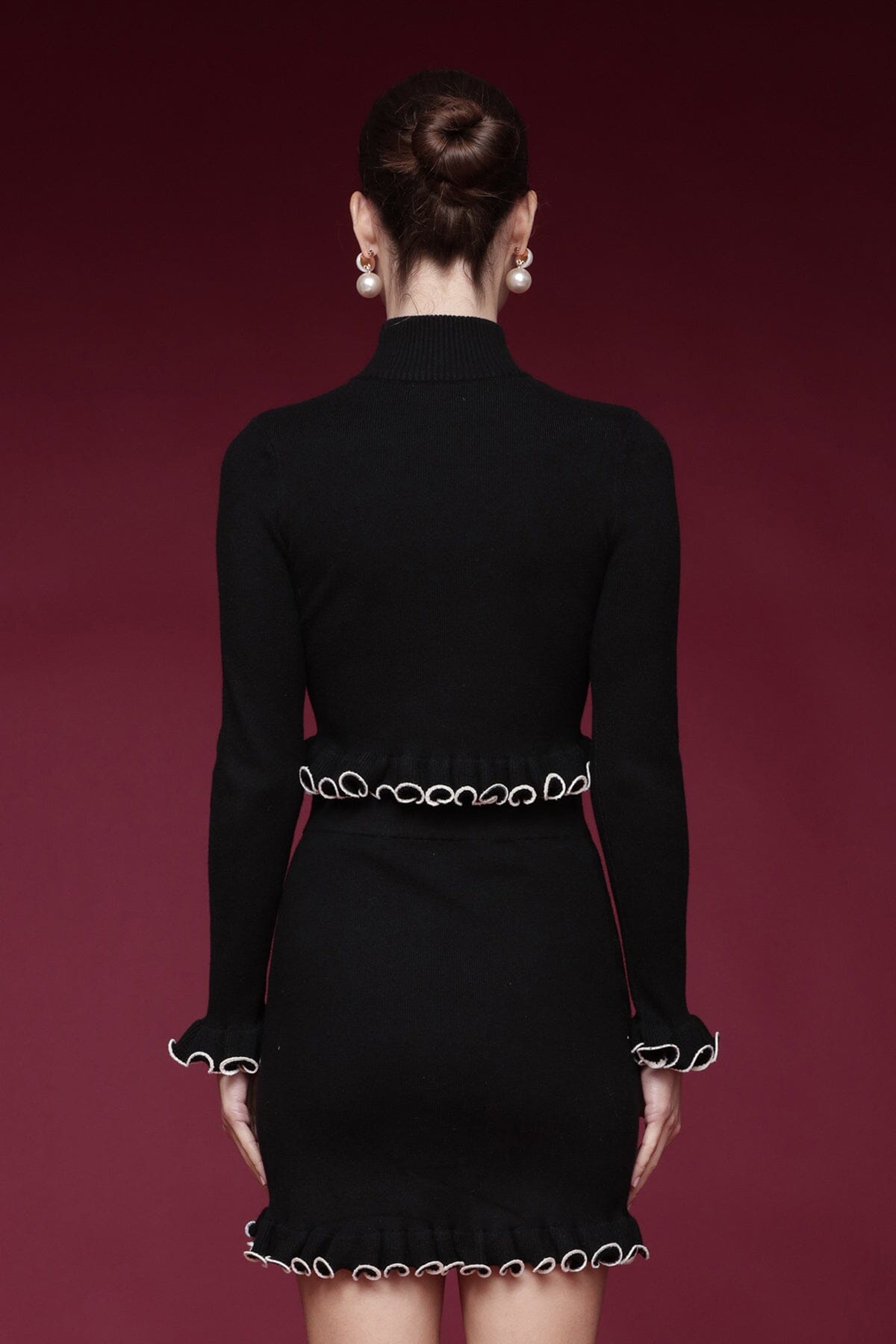 Ruffle Trim Cropped Turtleneck Black Sweater