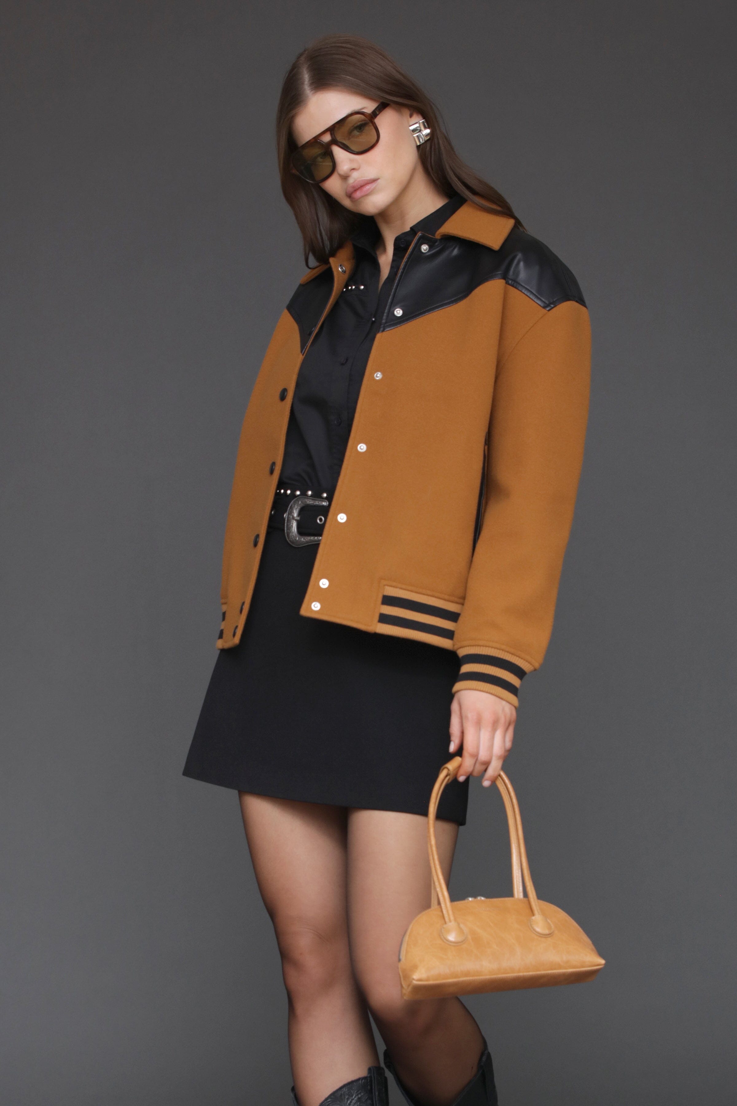 Vegan Black Leather Details Mixed Media Bomber Jacket Coats & Jackets Avec Les Filles 