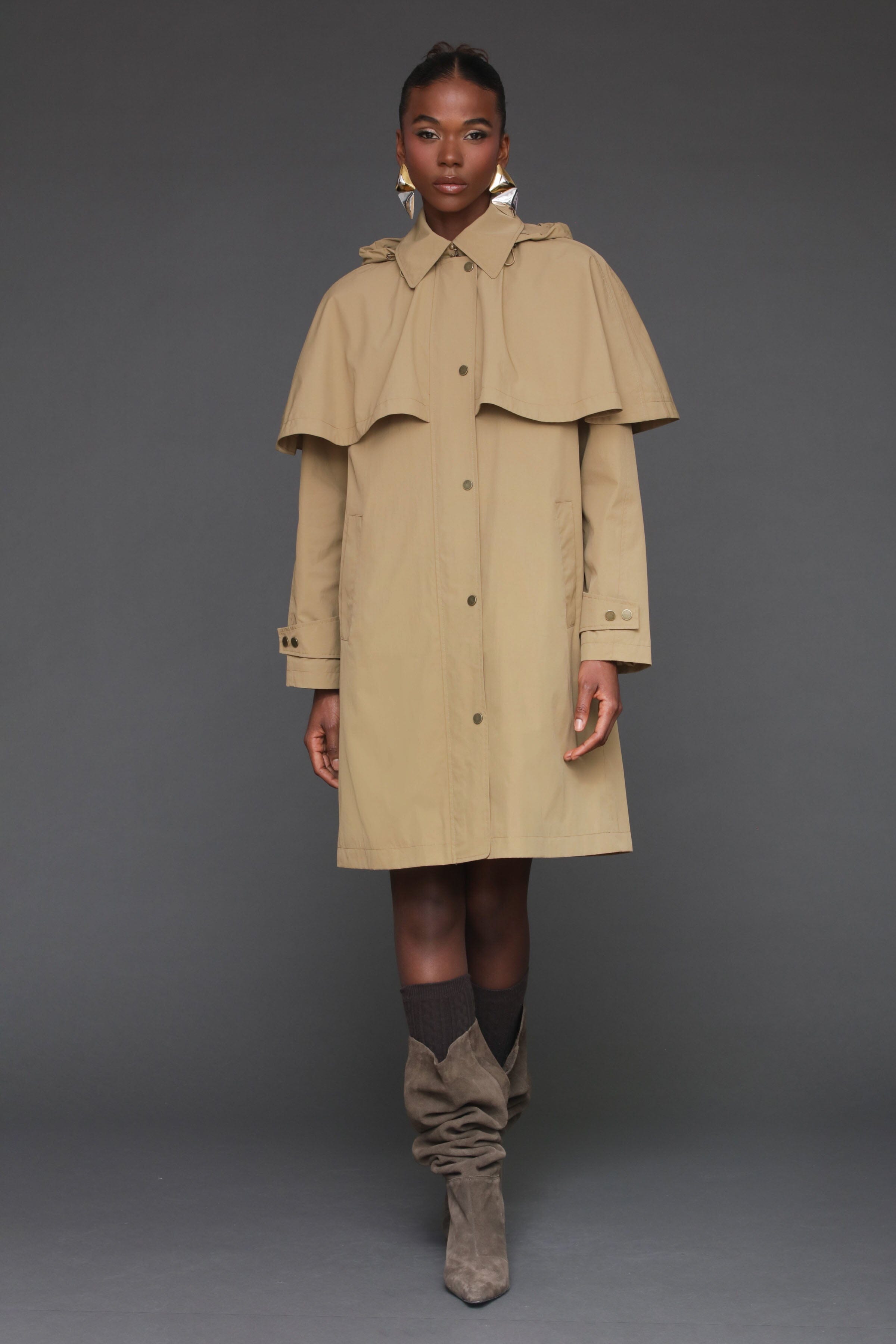 Wheat Beige Nylon Cape Mid length Raincoat Coats & Jackets Avec Les Filles 