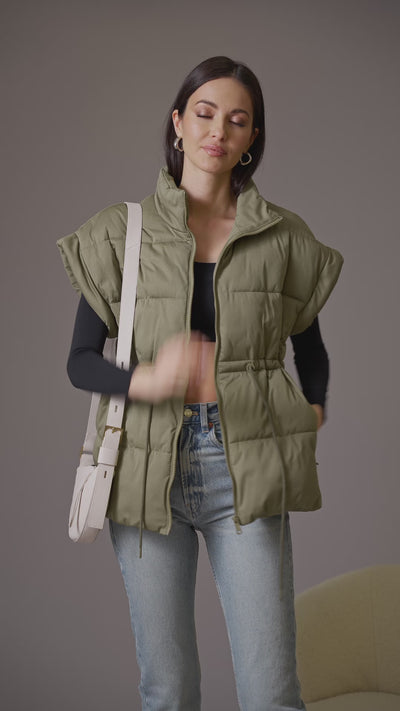 olive green thermal puff cinch waist zip front puffer vest - women's figure flattering designer fashion vests