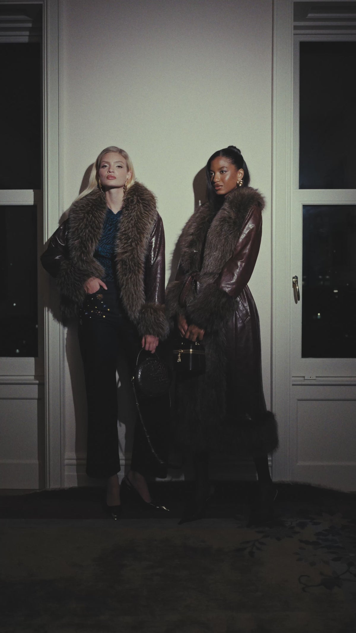 Brown belted faux fur full length coat with a lapel collar - Shop designer women's cute faux fur jackets by Avec Les Filles.