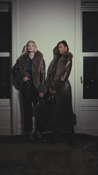 Brown belted faux fur full length coat with a lapel collar - Shop designer women's cute faux fur jackets by Avec Les Filles.
