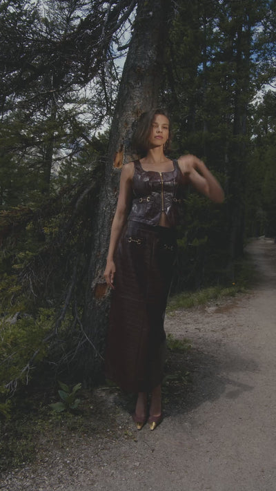 Equestrian faux croc chocolate brown High-rise maxi skirt - Cute women's maxi skirts by Avec Les Filles