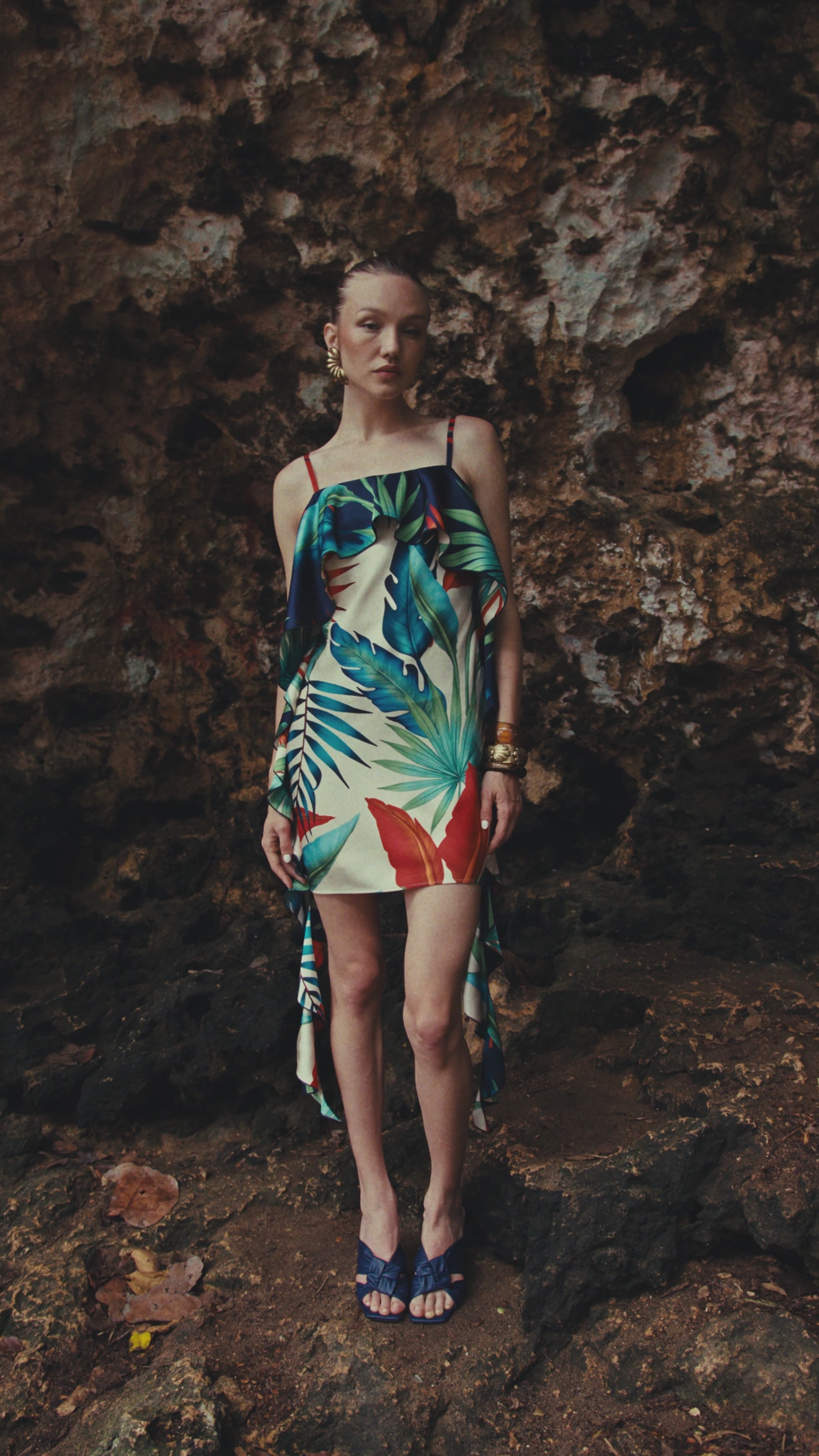 Avec Les Filles Women's Tropical Satin Asymmetric Drape Mini Dress - Birds of Paradise