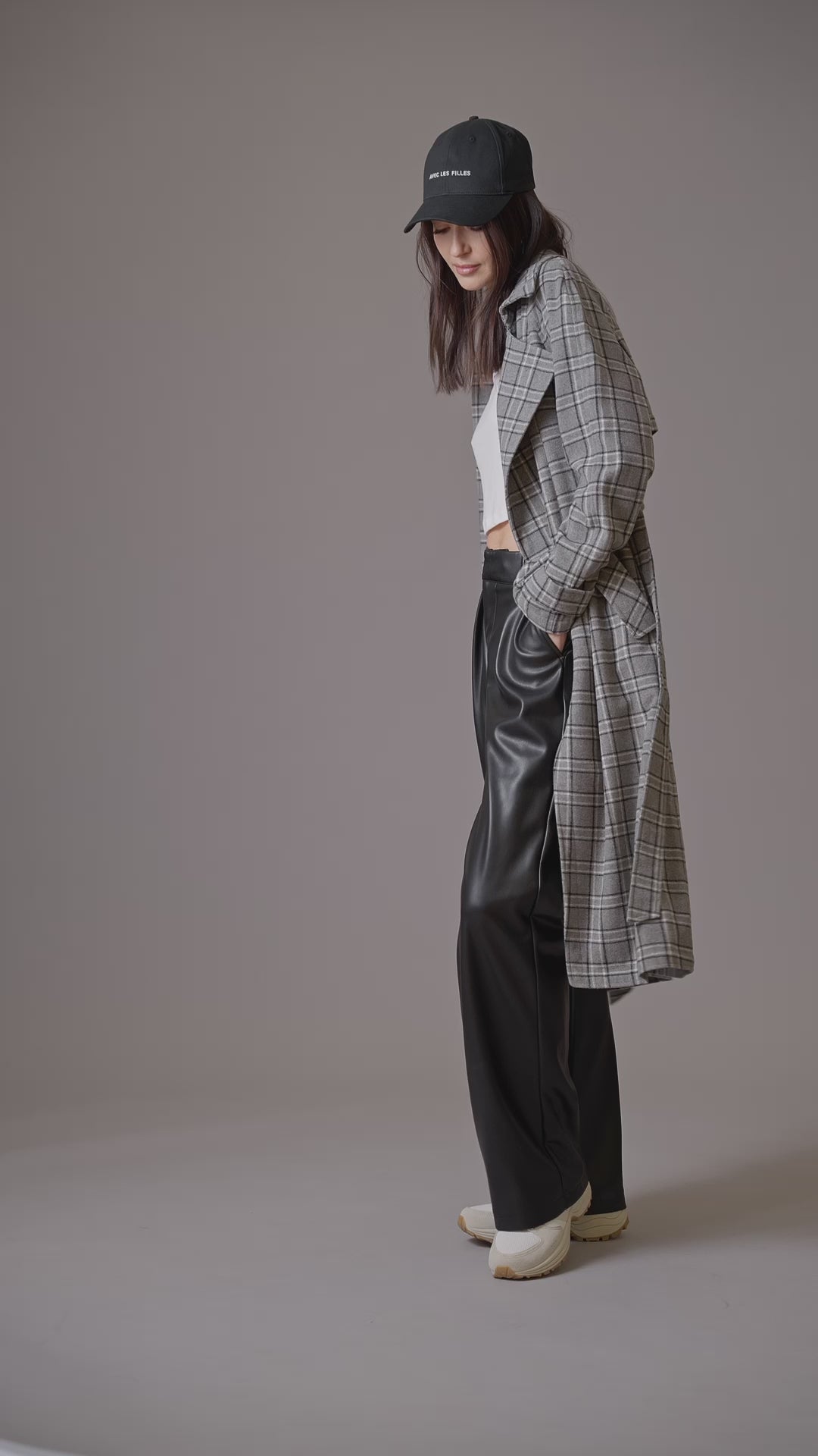 open front drape trench coat charcoal plaid outerwear - figure flattering designer fashion cute coats for women