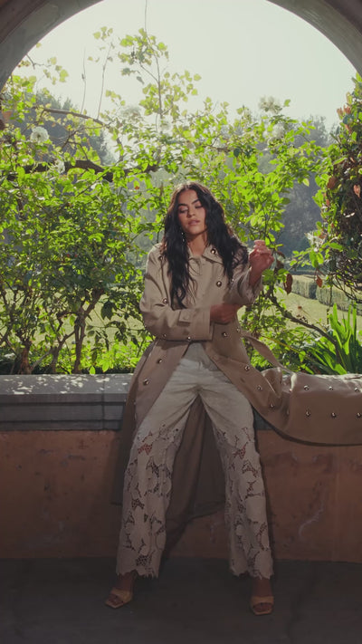 Floral guipure lace off-white wide-leg pants with long trench coat - Shop women’s cute pants by Avec Les Filles