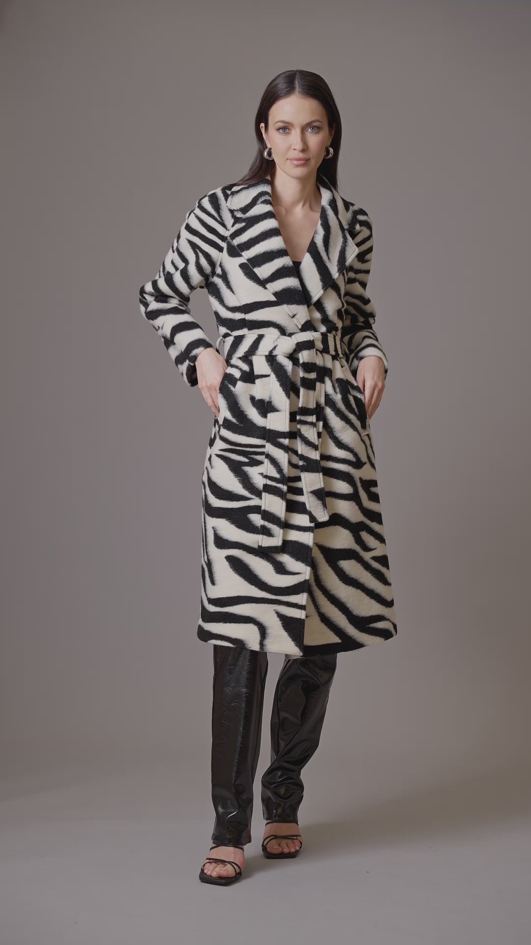 black white zebra print belted robe walker coat - figure flattering designer fashion cute day to night coats outerwear for women