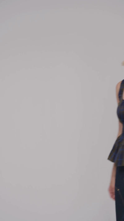 Navy green plaid sleeveless peplum top with fitted bodice and square neckline - Cute women's tops by Avec Les Filles