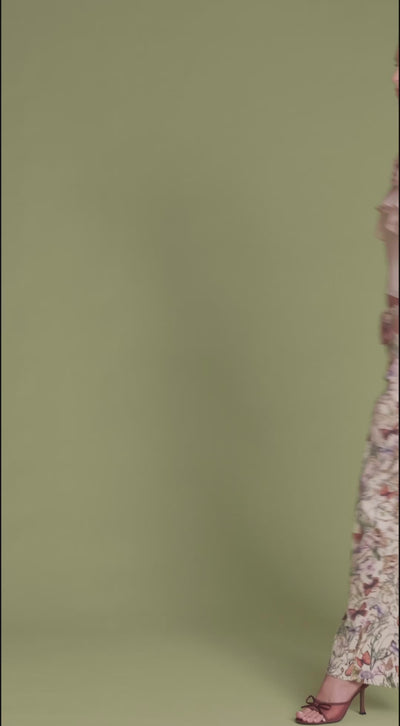 Botanical print cotton wide-leg and high-rise multicolor pant in cotton blend with an attached self-belt - Shop women's cute pants by Avec Les Filles