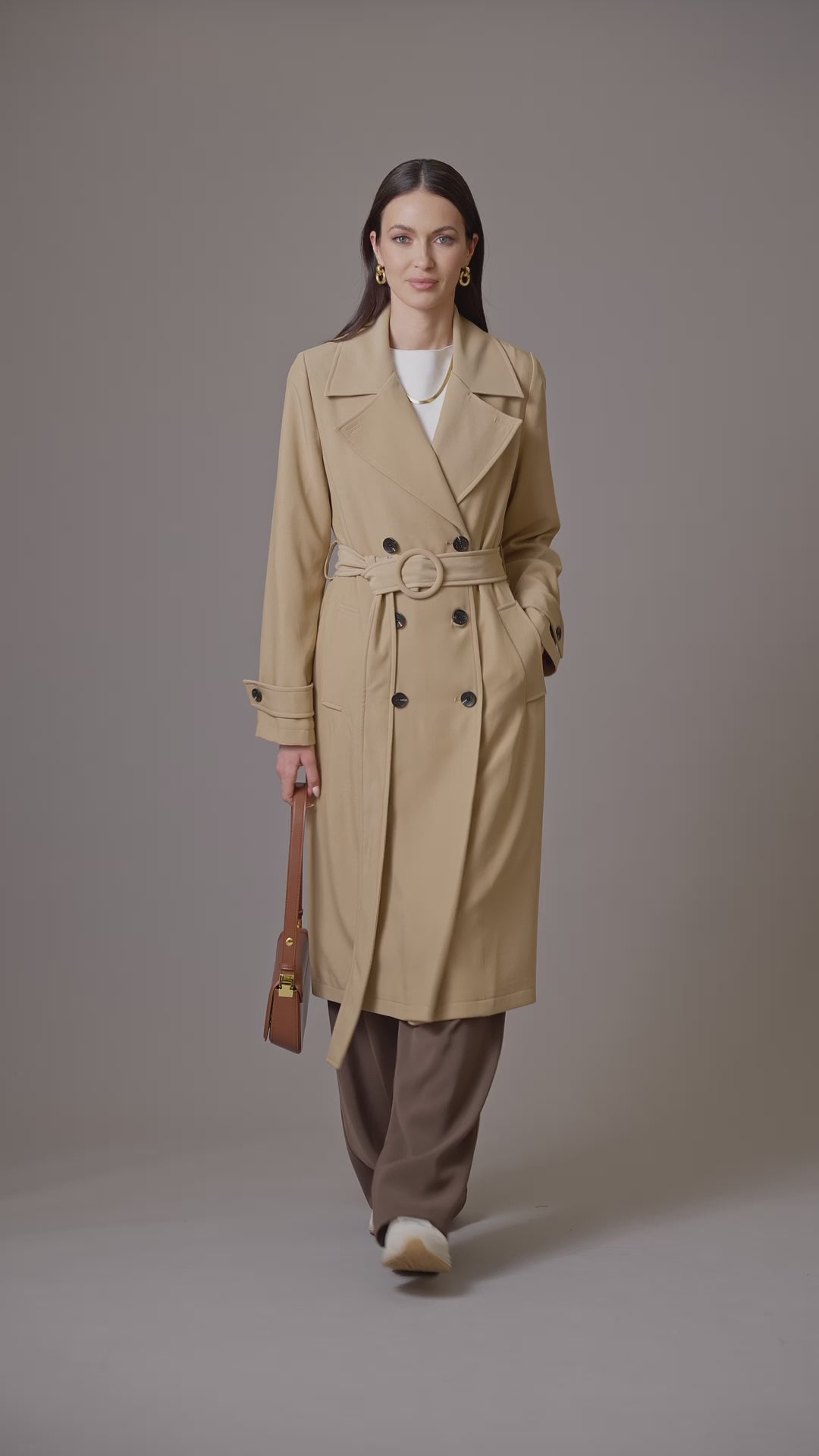 double breasted relaxed stretch crepe duster trench coat khaki beige - women's figure flattering designer fashion outerwear