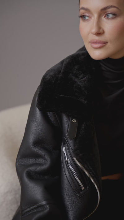 black faux shearling boyfriend biker jacket coat - women's figure flattering cute edgy coats jackets
