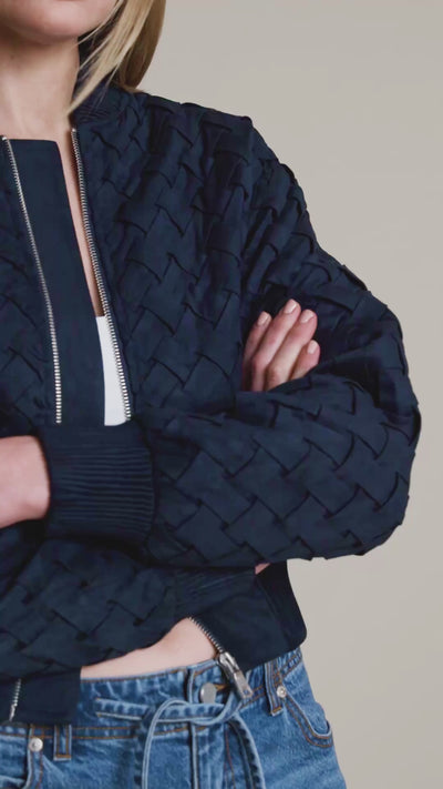 woven faux suede dark blue bomber jacket with long sleeves - Shop women's cute bomber jackets by Avec Les Filles