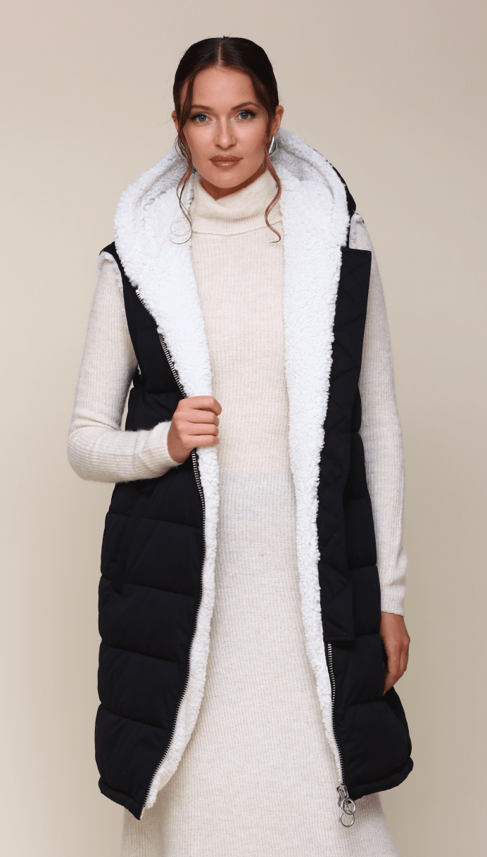 Faux Fur Lined Midi Long Puffer Vest With Hood