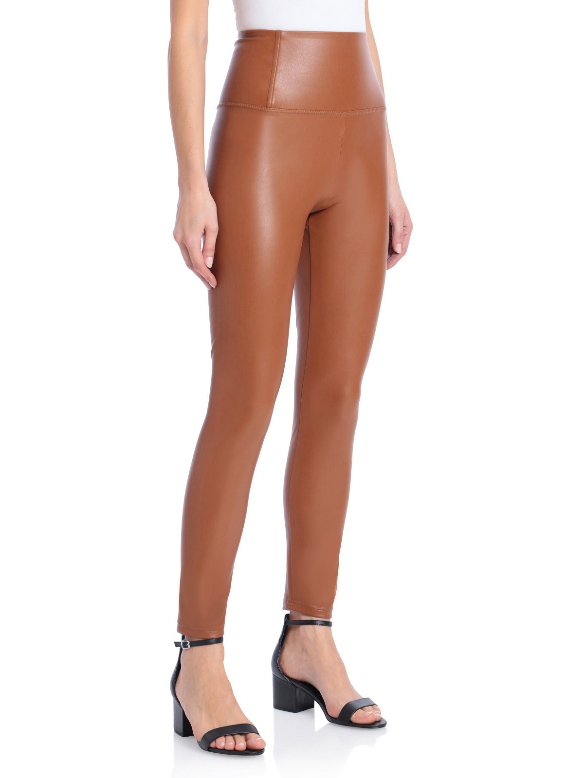 Cognac beige faux leather fleece lined high-waisted leggings bottoms Avec Les Filles x Bagatelle 