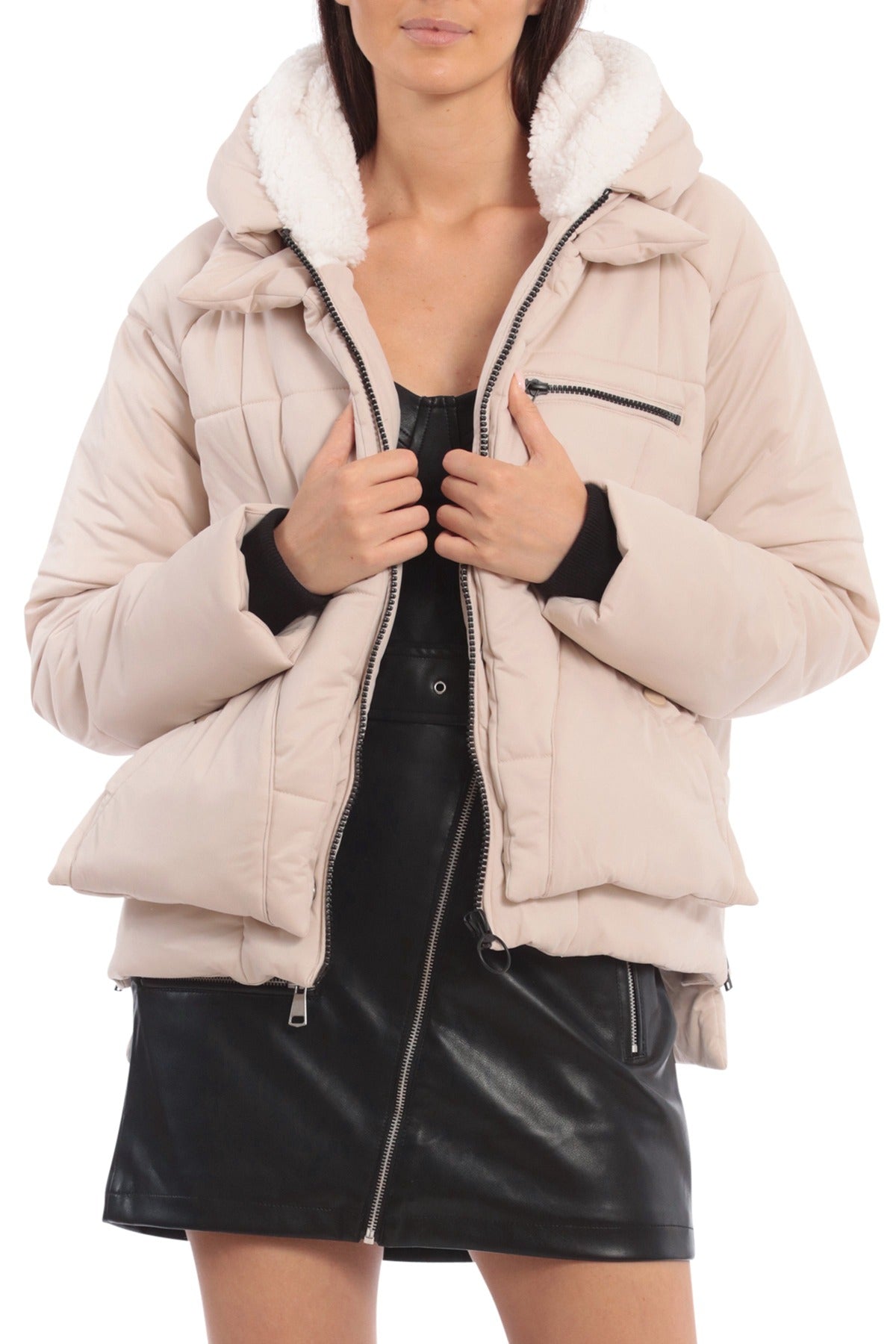 Short Utility Puffer Jacket Outerwear detachable hood thermapuff faux down interior buff beige 