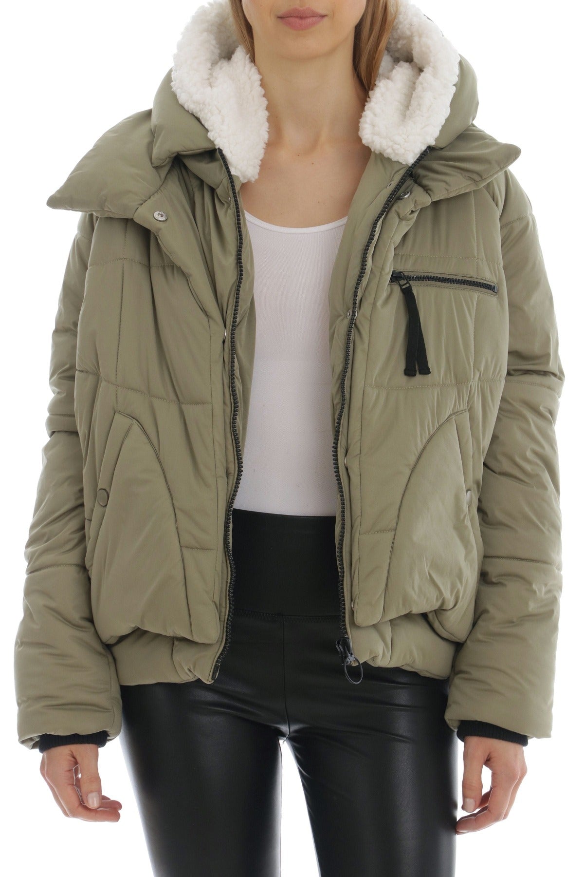 Short Utility Puffer Jacket Rosemary green Outerwear detachable hood thermapuff faux down interior