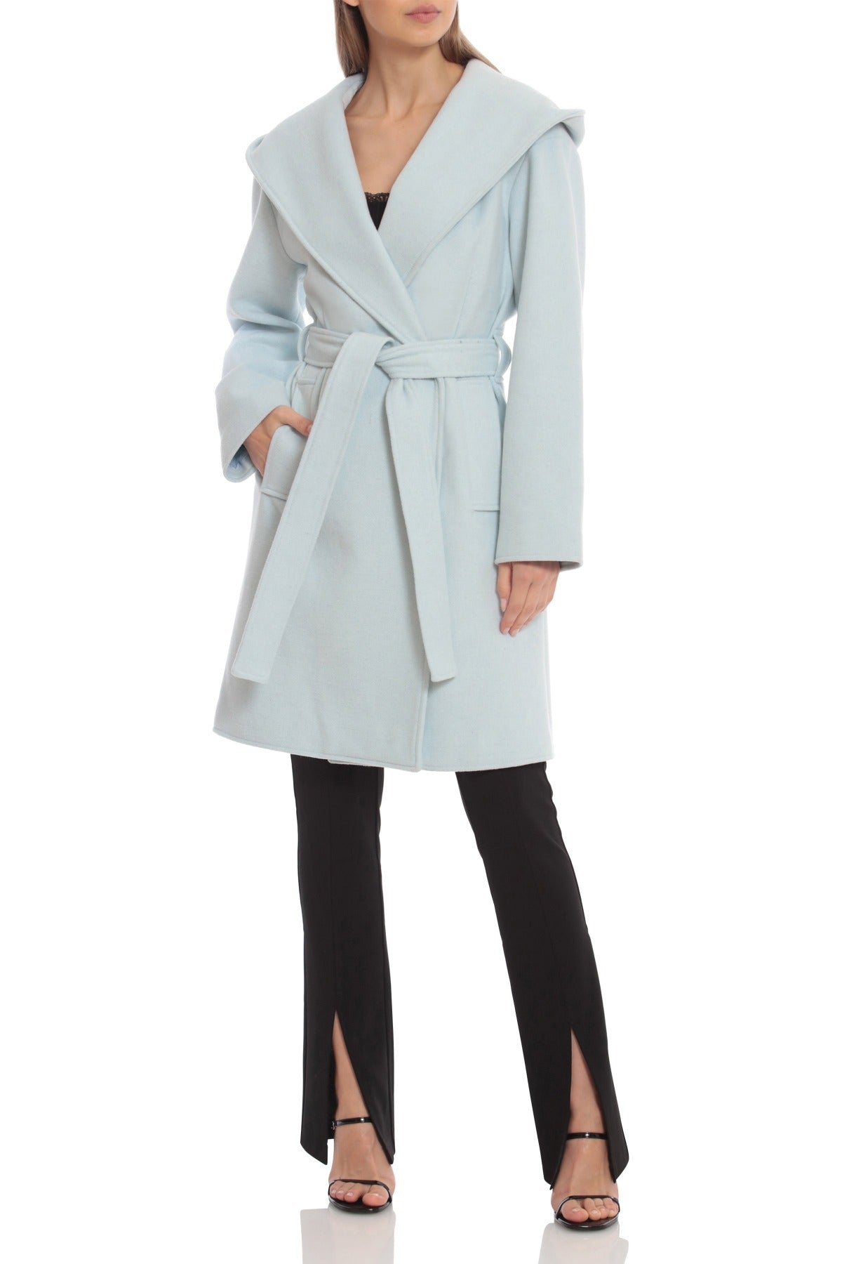Twill Wool Blend Robe Coat Icy Blue - Women's Figure Flattering Designer Fashion Office to Date Night Coats