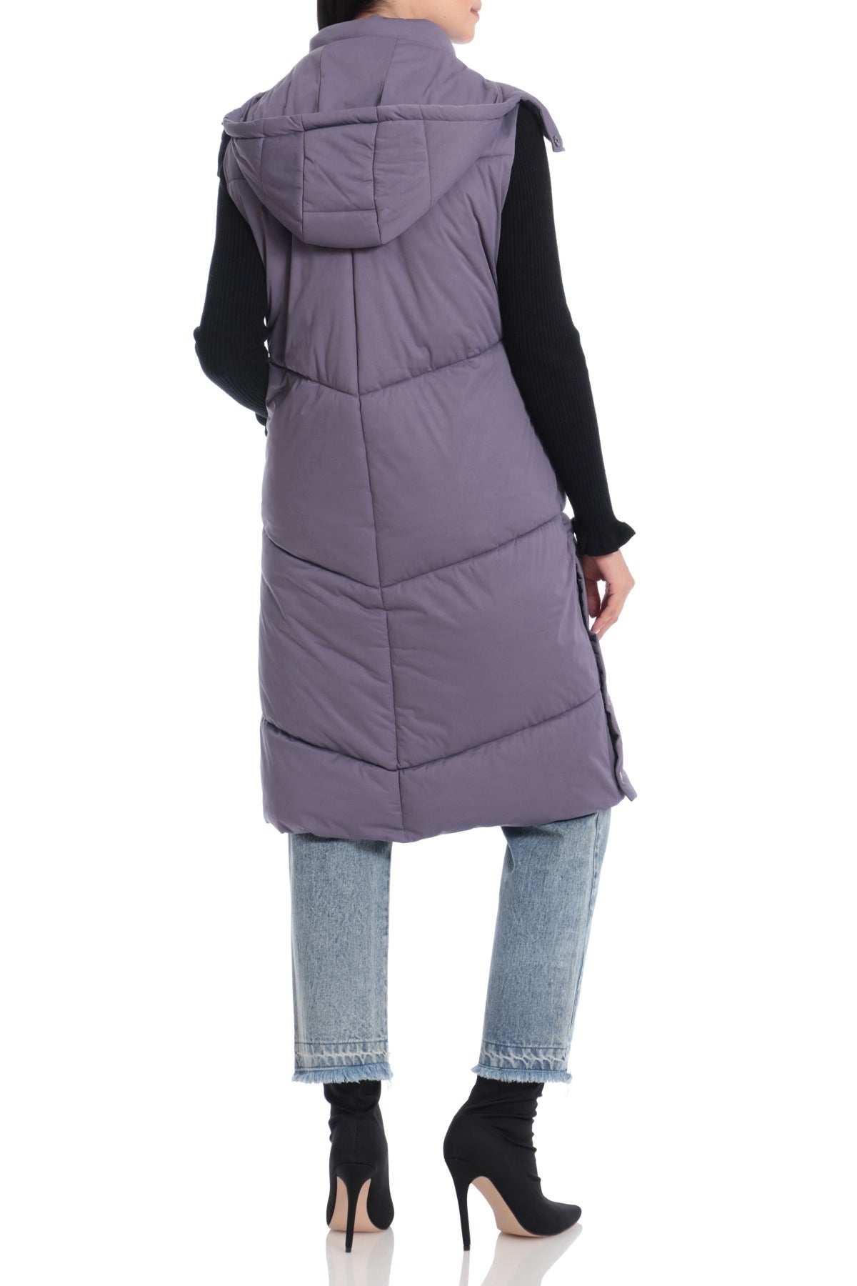 Longline Hooded Dusk Puffer Vest Dusk Lavender - Flattering Designer Fashion Outerwear for Women