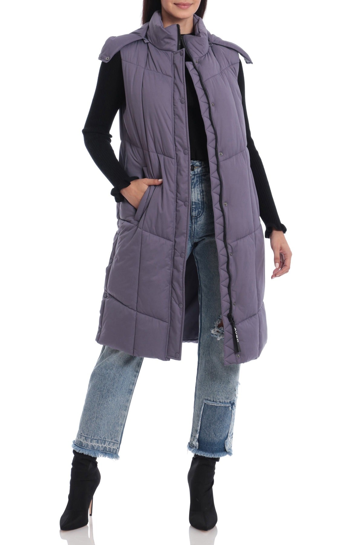Longline Hooded Dusk Puffer Vest Dusk Lavender - Women's Flattering Designer Fashion Outerwear