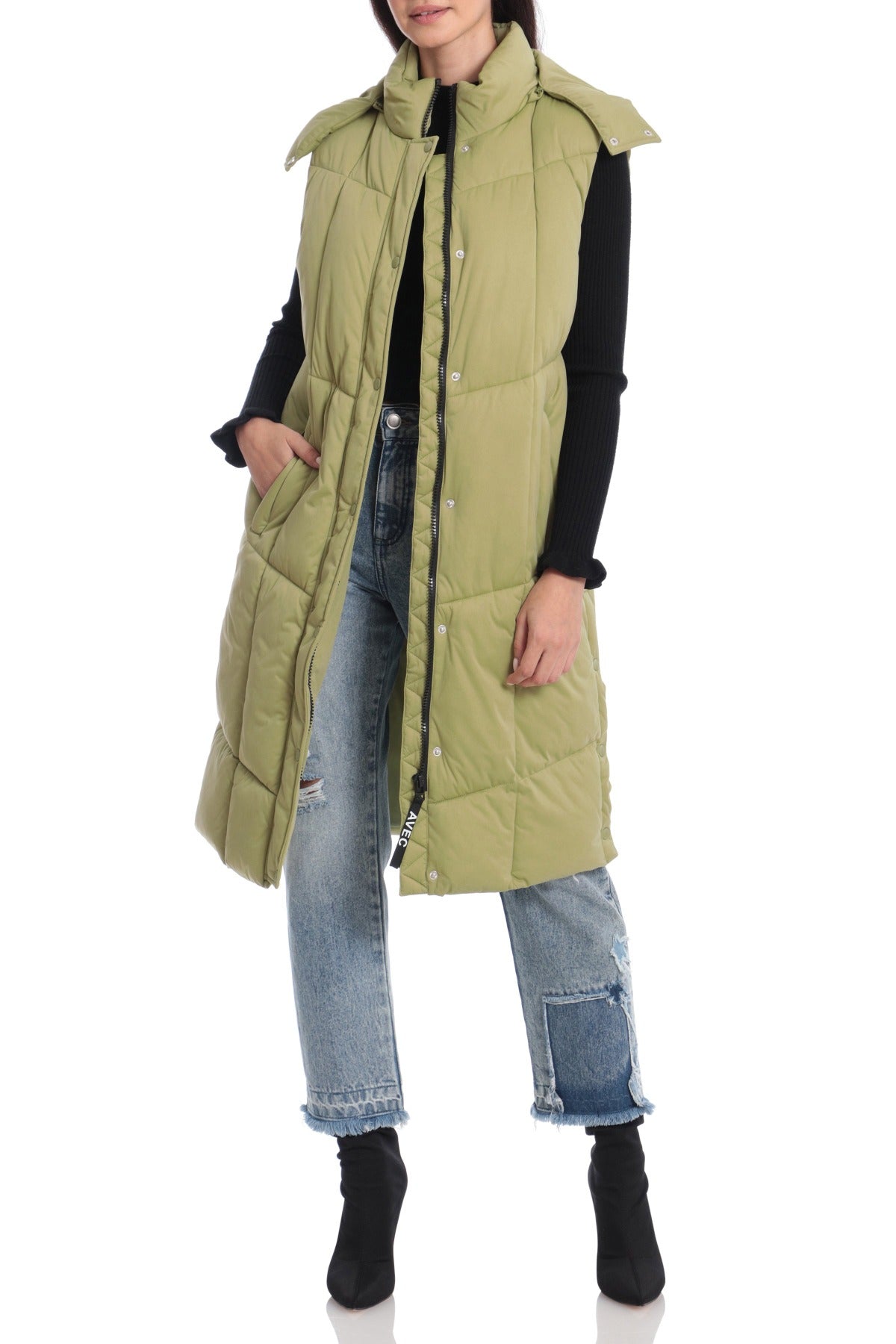 Longline Hooded Dusk Puffer Vest Fern Light Green - Flattering Designer Fashion Coats for Women