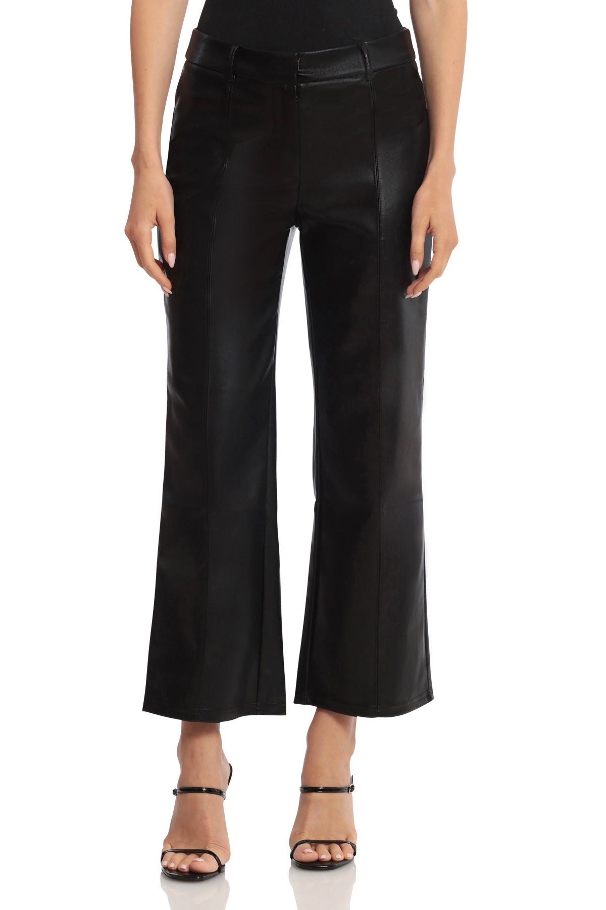 Faux Leather Seam-Front Straight Leg Trouser Pants Black - Women's Figure Flattering Work Appropriate Bottoms Designer Fashion by Avec Les Filles