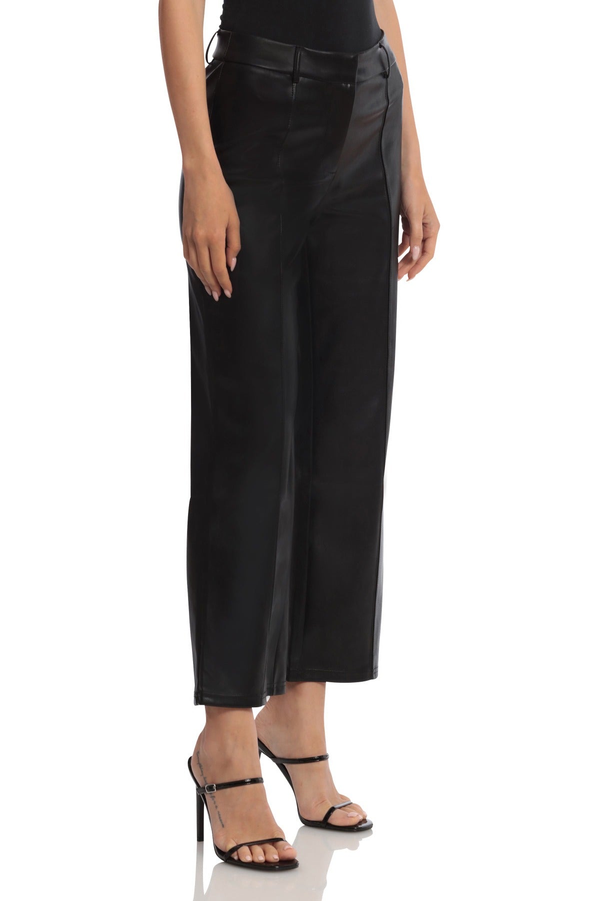Faux Leather Seam-Front Straight Leg Trouser Pants Black - Figure Flattering Office to Date Night Bottoms for Women