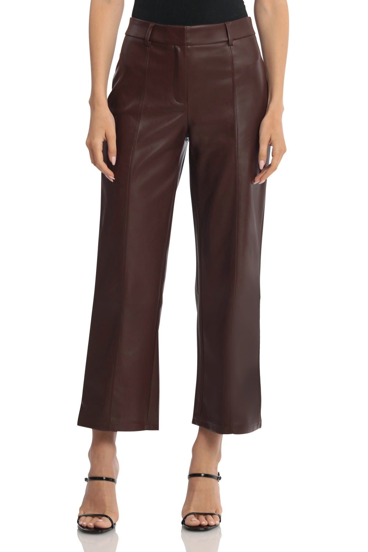 Faux Leather Seam-Front Straight Leg Trouser Pants Chocolate Brown - Women's Flattering Office to Date Night Bottoms
