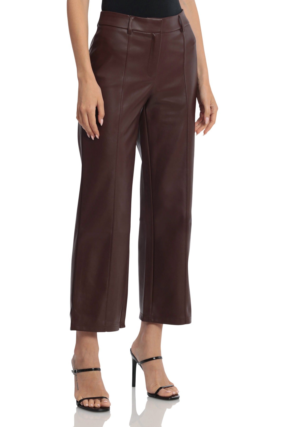Faux Leather Seam-Front Straight Leg Trouser Pants Chocolate Brown - Figure Flattering Designer Fashion Bottoms for Women by Avec Les Filles