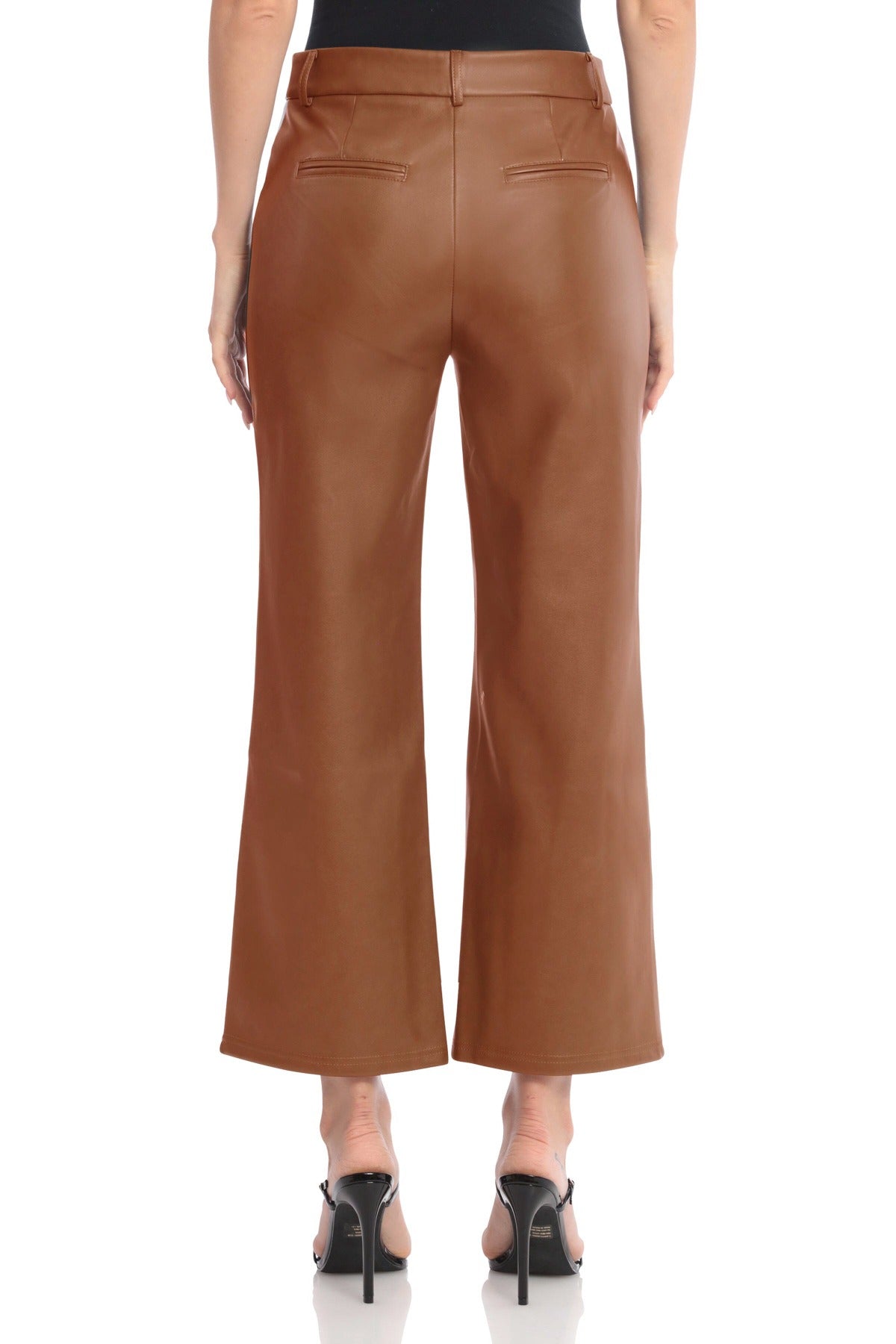 Faux Leather Seam-Front Straight Leg Trouser Pants Cognac Brown - Figure Flattering Work Appropriate Bottoms for Women by Avec Les Filles