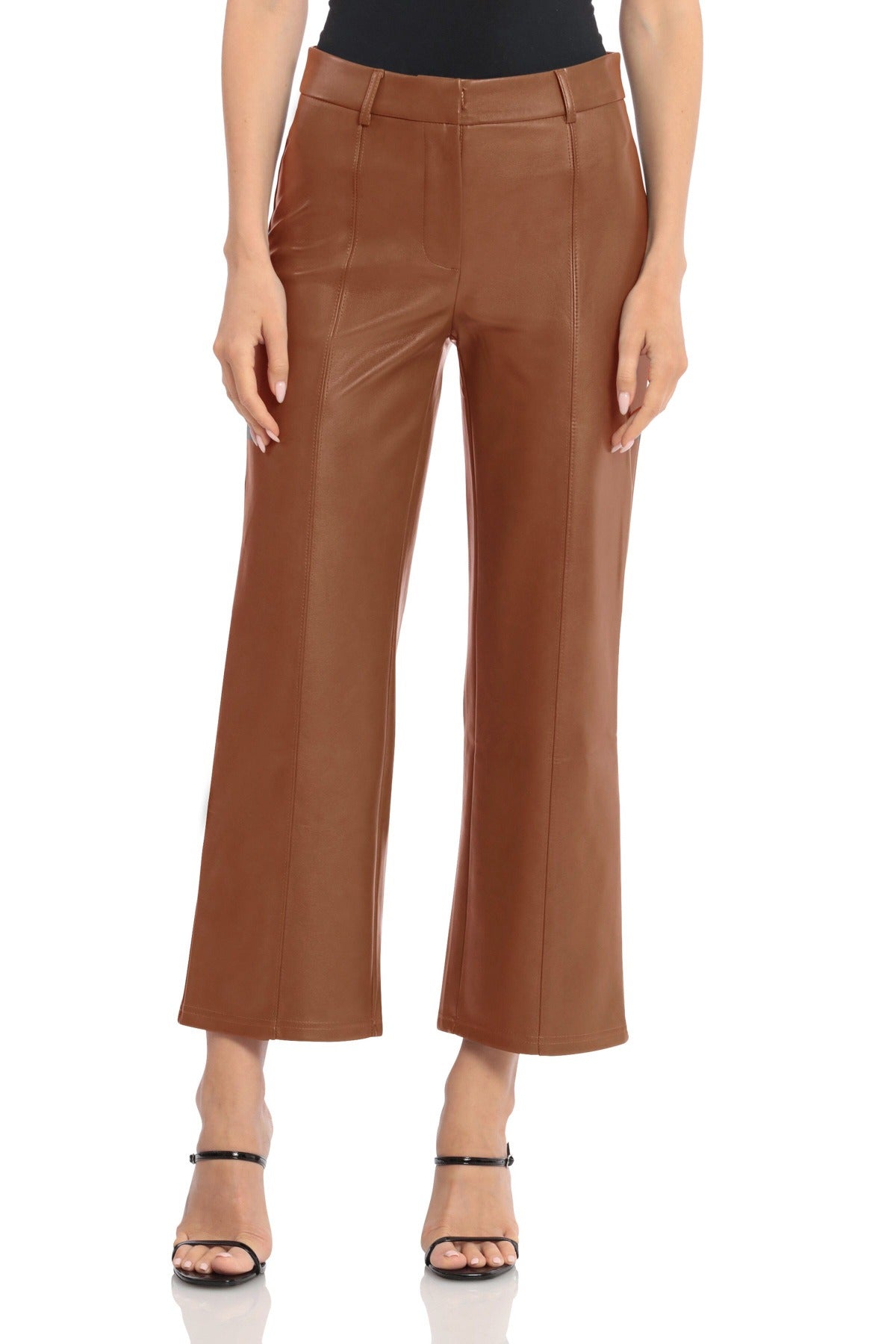 Faux Leather Seam-Front Straight Leg Trouser Pants Cognac Brown - Women's Figure Flattering Work Appropriate Bottoms