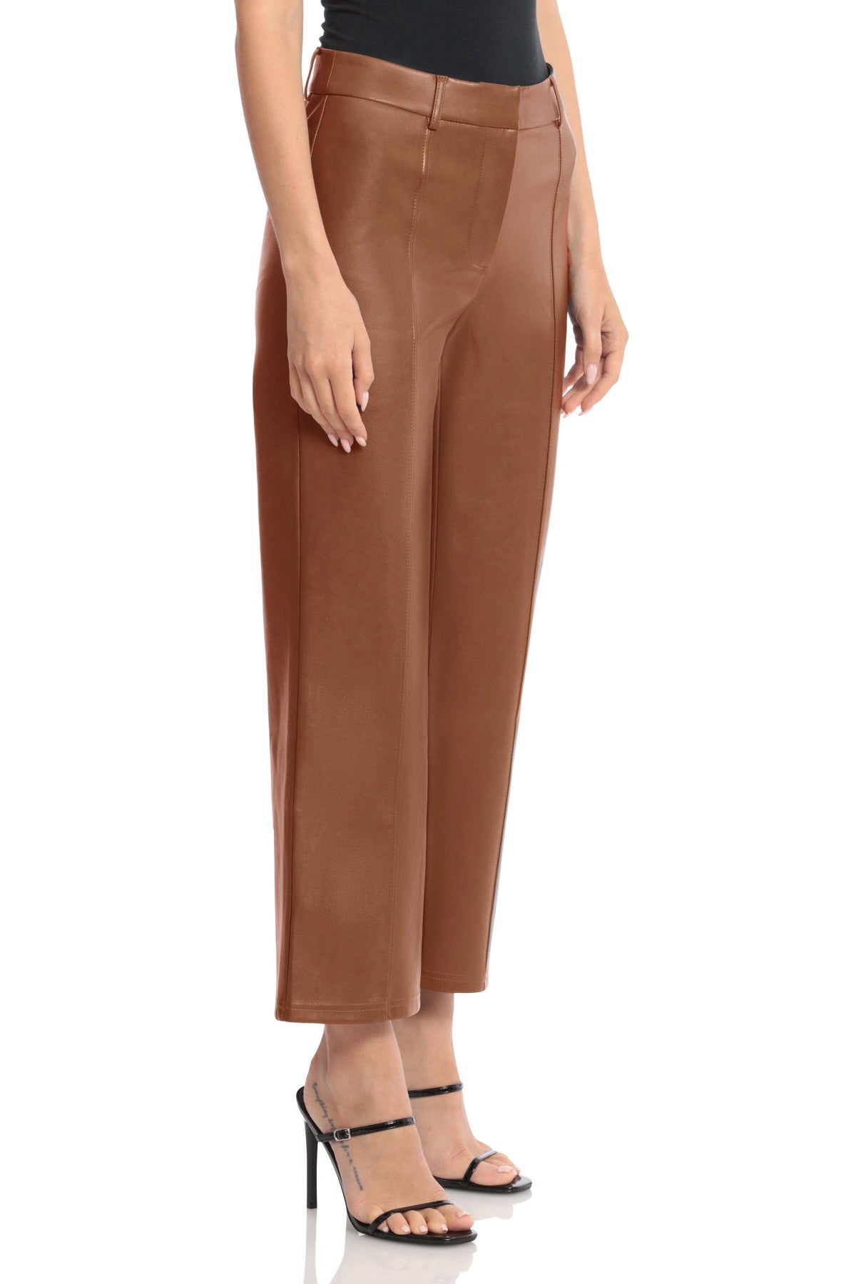 Faux Leather Seam-Front Straight Leg Trouser Pants Cognac Brown - Women's Flattering Office to Date Night Bottoms