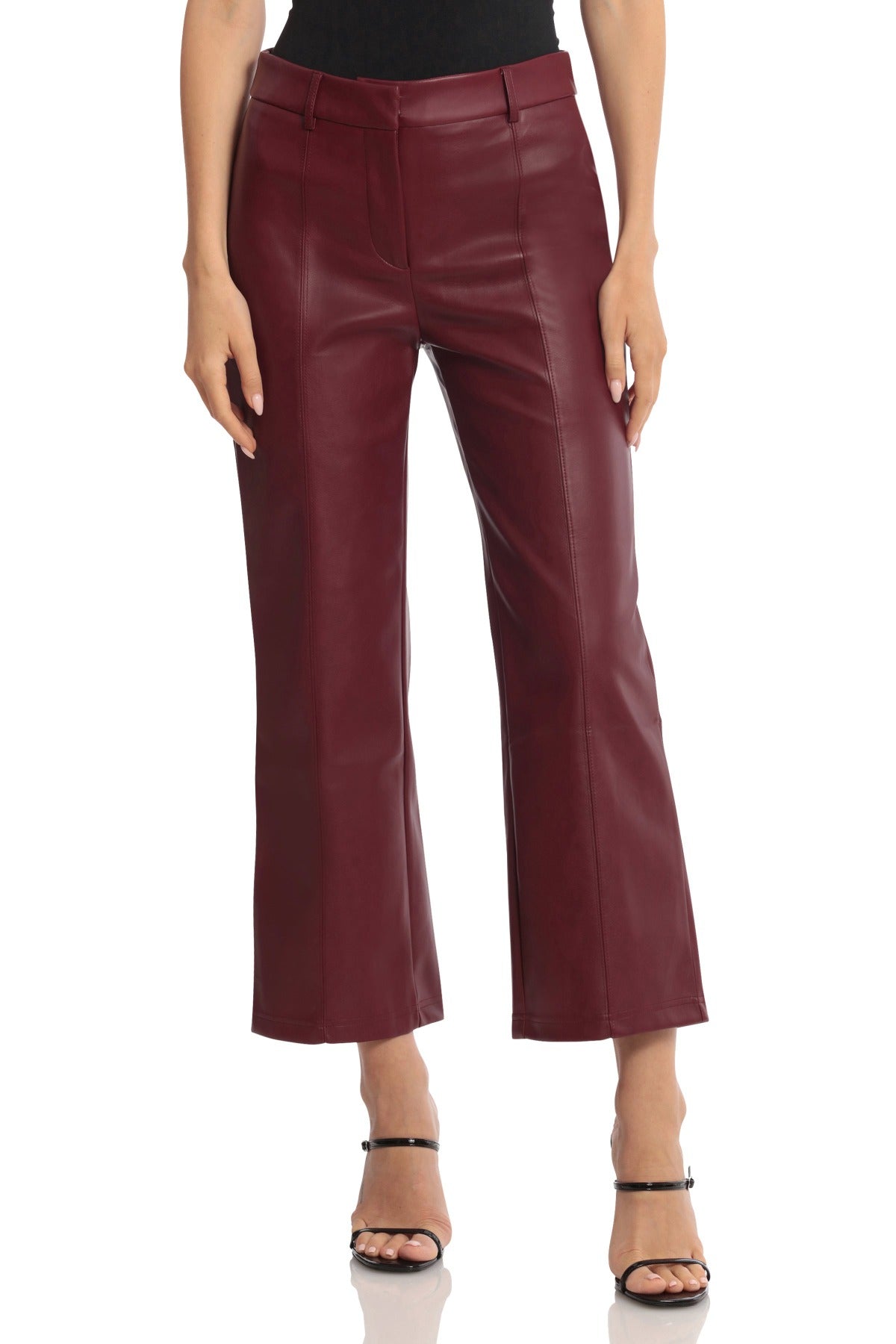 Faux Leather Seam-Front Straight Leg Trouser Pants Oxblood Red - Figure Flattering Work Appropriate Bottoms for Women