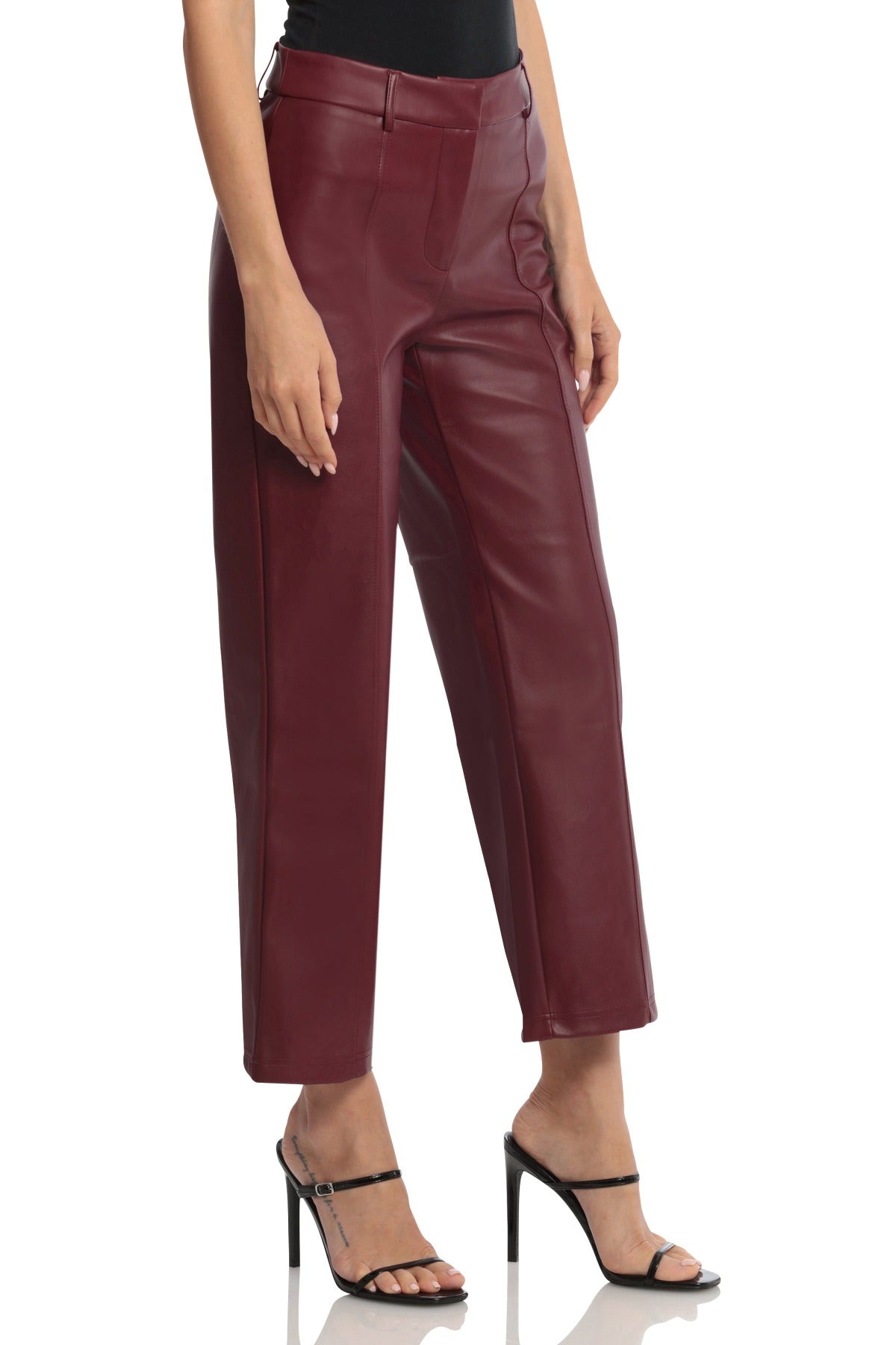 Faux Leather Seam-Front Straight Leg Trouser Pants Oxblood Red - Women's Flattering Office to Date Night Bottoms