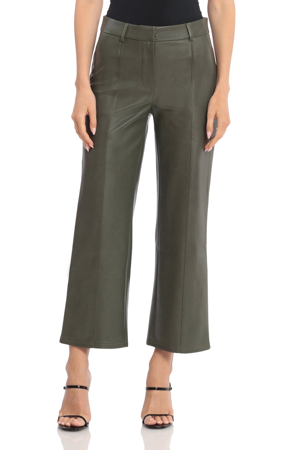Faux Leather Seam-Front Straight Leg Trouser Pants Olive Green - Figure Flattering Work Appropriate Bottoms for Women Designer Fashion Pant