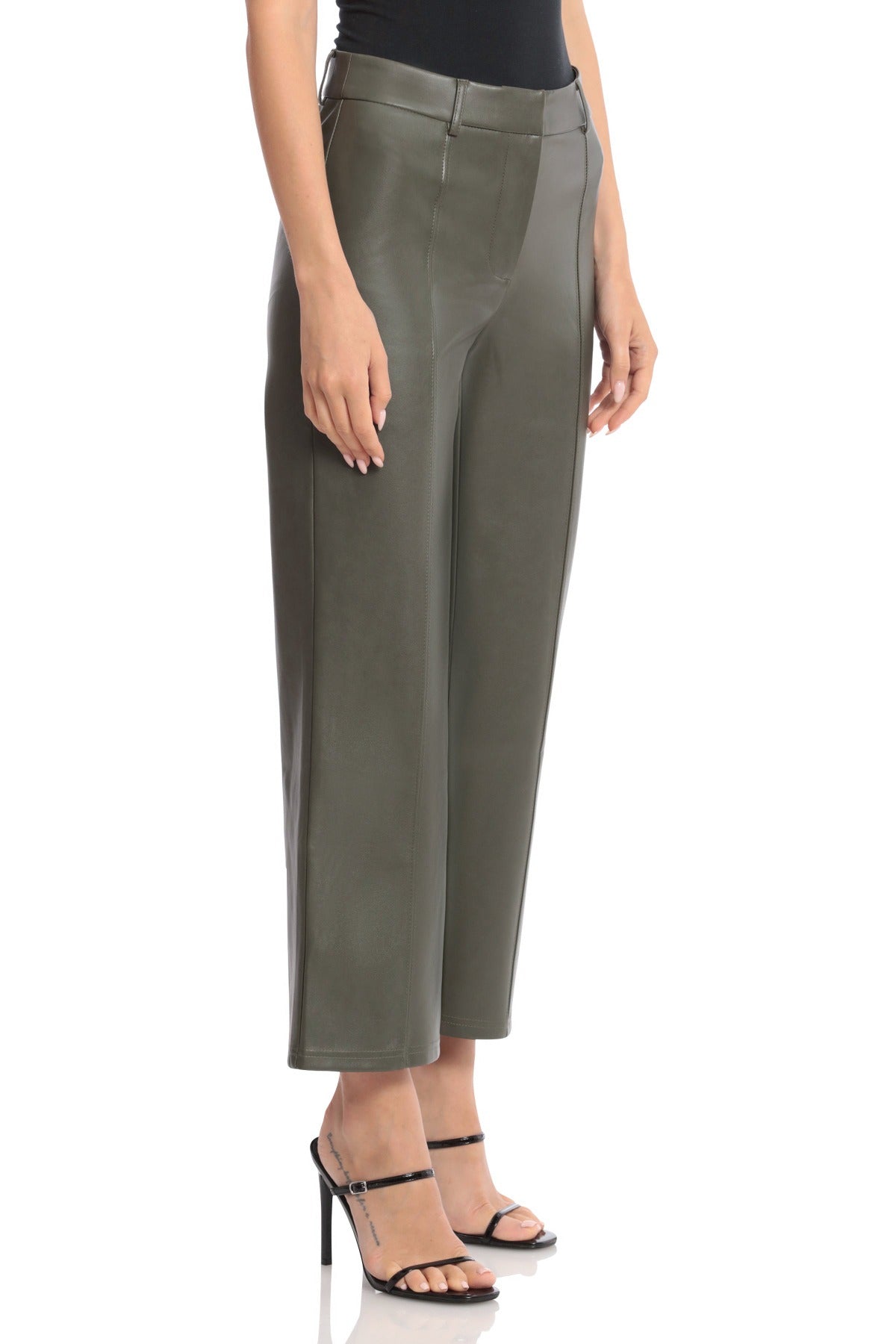Faux Leather Seam-Front Straight Leg Trouser Pants Olive Green - Flattering Office to Date Night Bottoms for Women Designer Fashion Pant