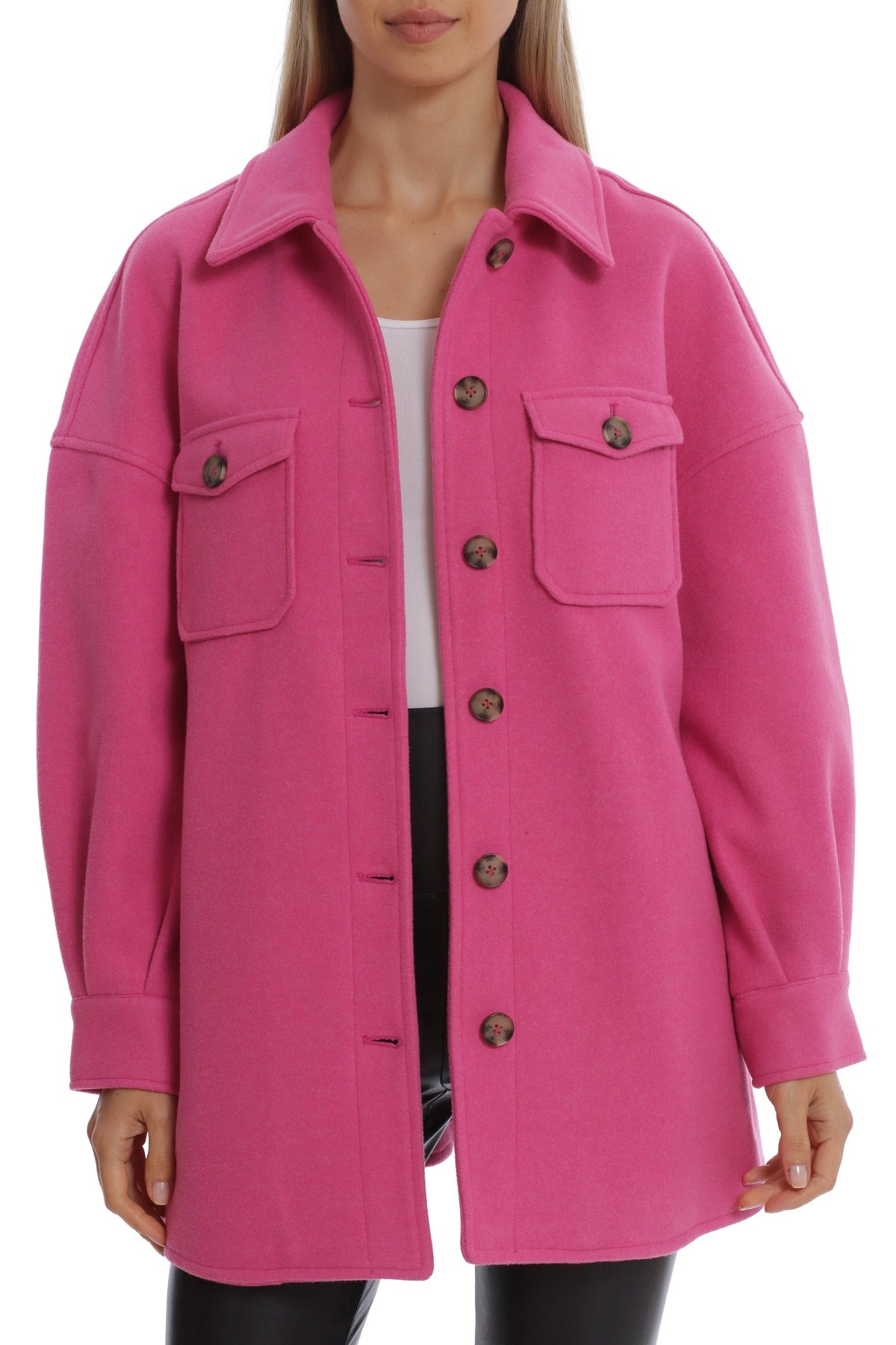 Oversized Classic Felt Shacket Shirt Jacket Hot Pink Fully Lined - Women's Figure Flattering Designer Shackets Jackets 