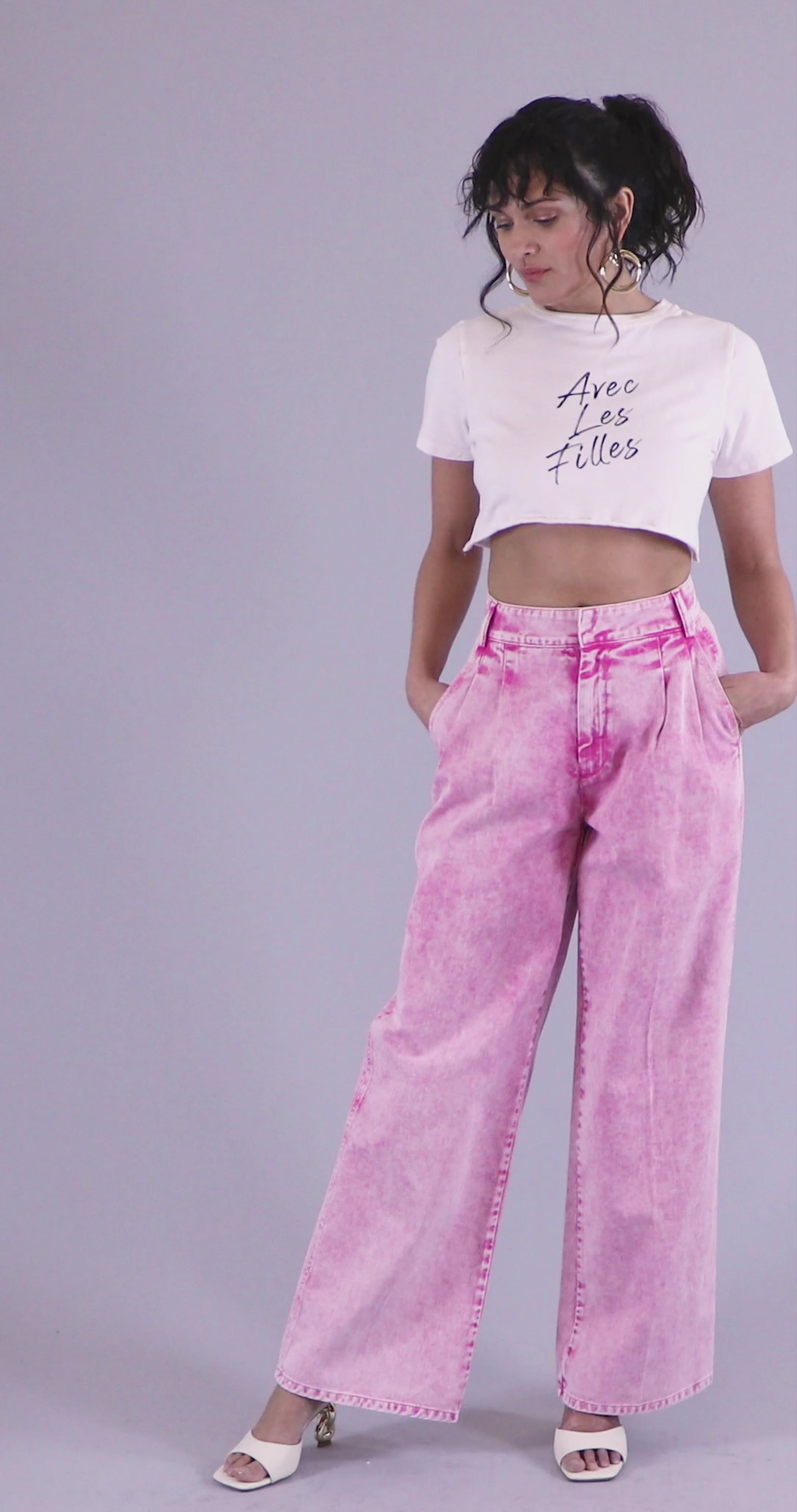 acid wash wide leg high waist denim trouser jeans pink - women's figure flattering cute street style pants