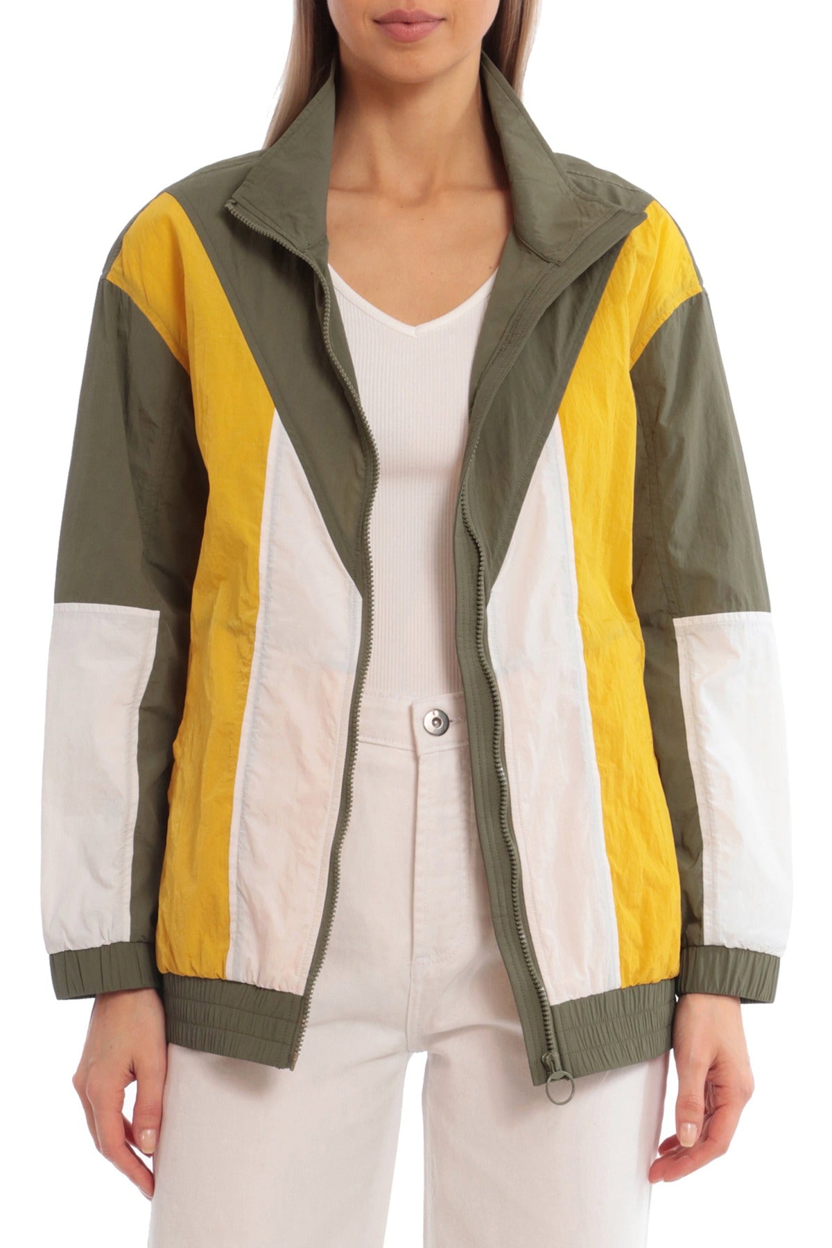 Women's figure flattering colorblock nylon lightweight track jacket outerwear olive green yellow white 