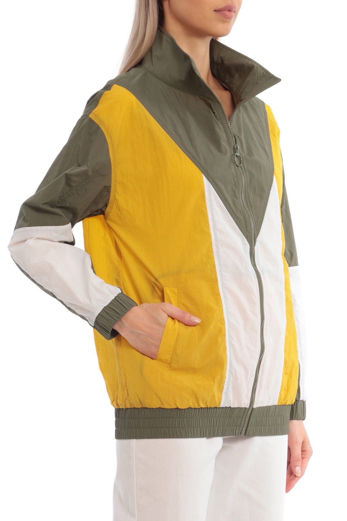 Colorblock Nylon Track Jacket Outerwear Lightweight Olive Green Yellow White