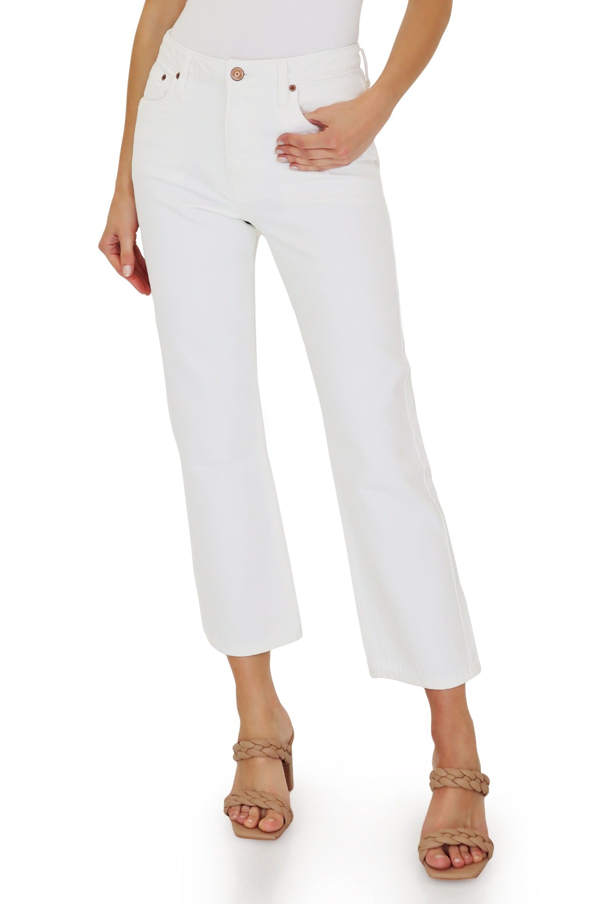 High Rise Straight Leg Cropped Denim Ecru White - Figure Flattering High-Waisted Jeans for Women