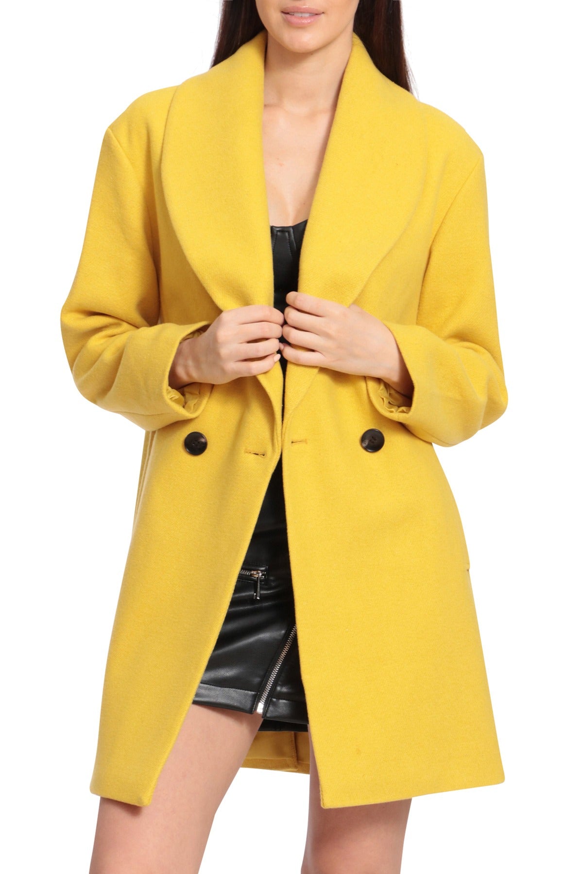 Oversized Shawl Collar Peacoat Outerwear Dandelion Yellow - Women's Figure Flattering Designer Fashion Day to Night Coats Peacoats