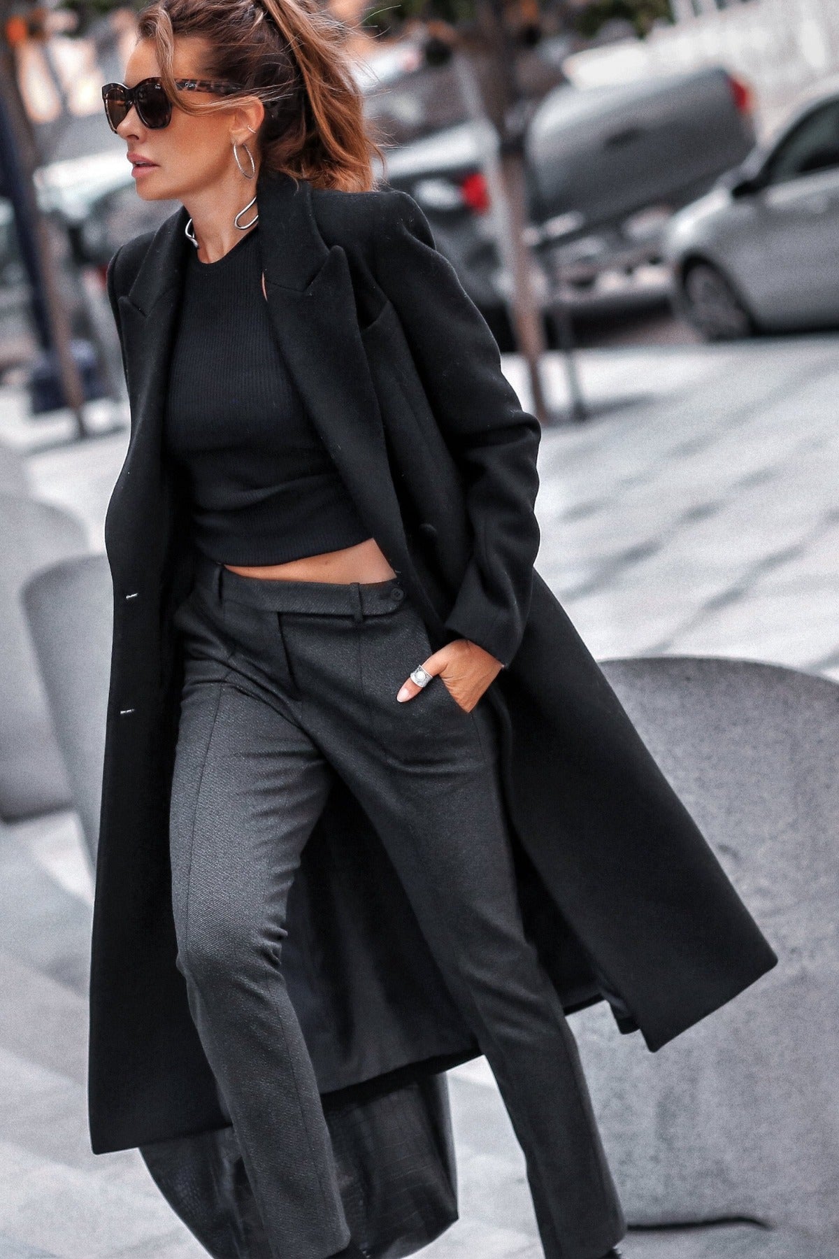 Black double-breasted tailored long coat outerwear Avec Les Filles 