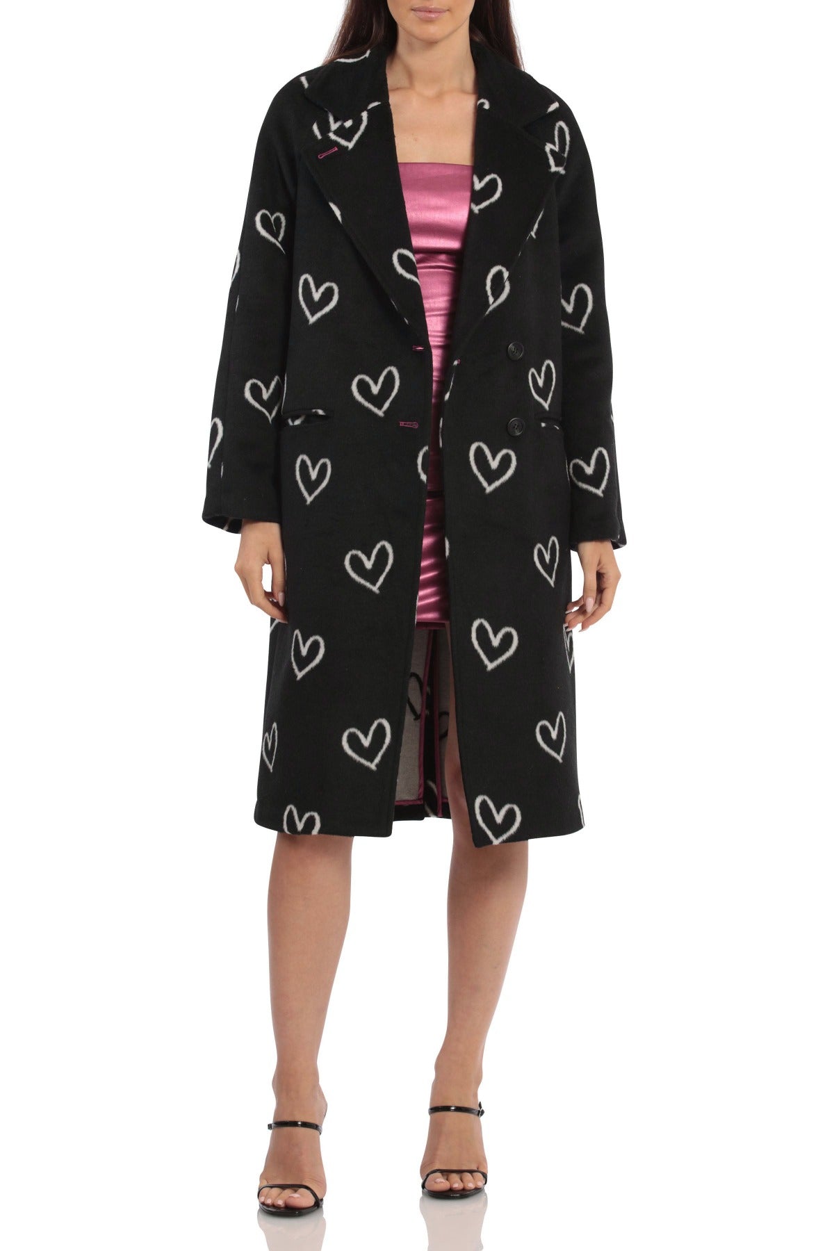 Heart Print Black Long Relaxed Coat Jackets Black White - Figure Flattering Designer Fashion Date Night Coats for Women