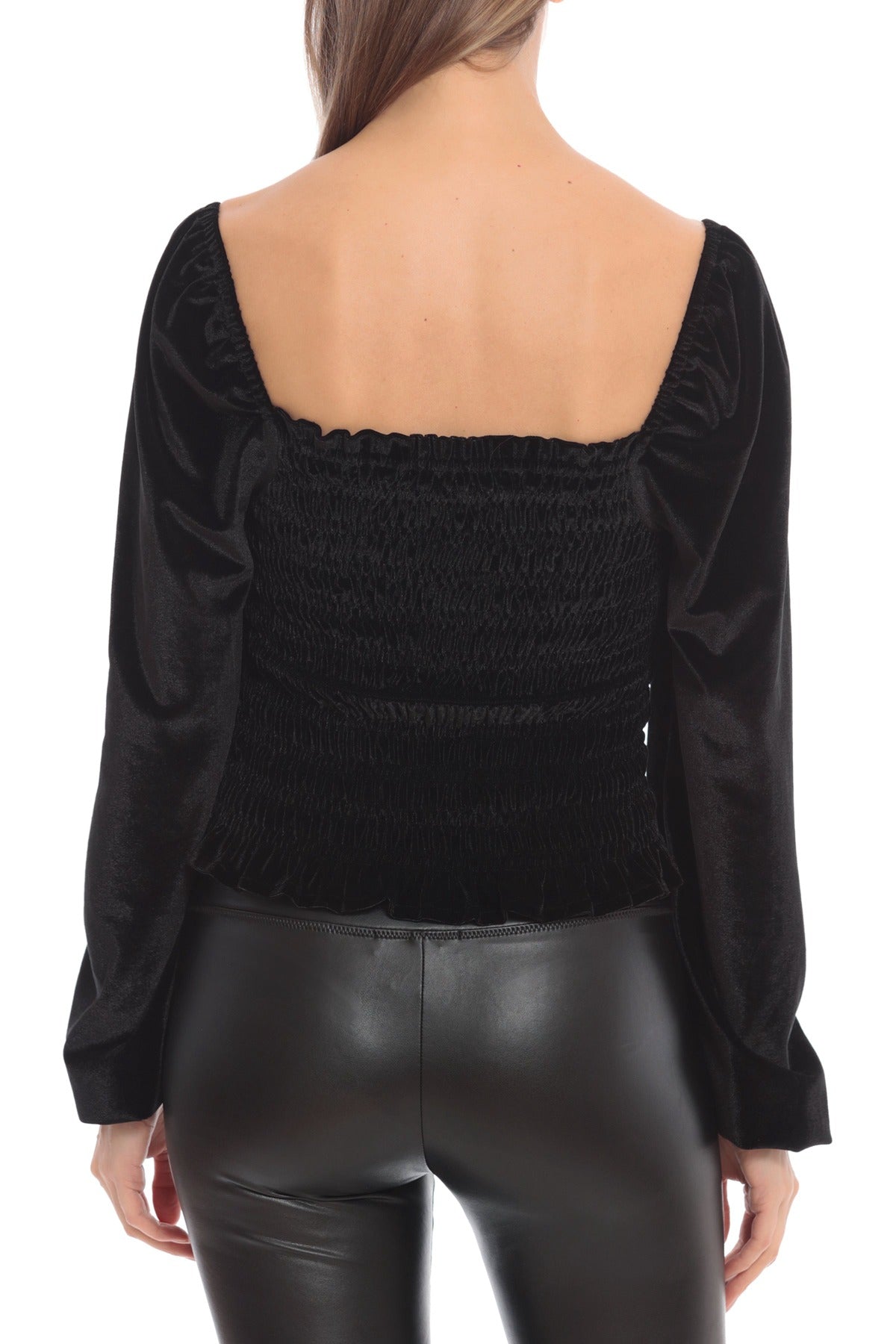 Black smocked velvet prairie blouse dressy top - women's figure flattering date night tops