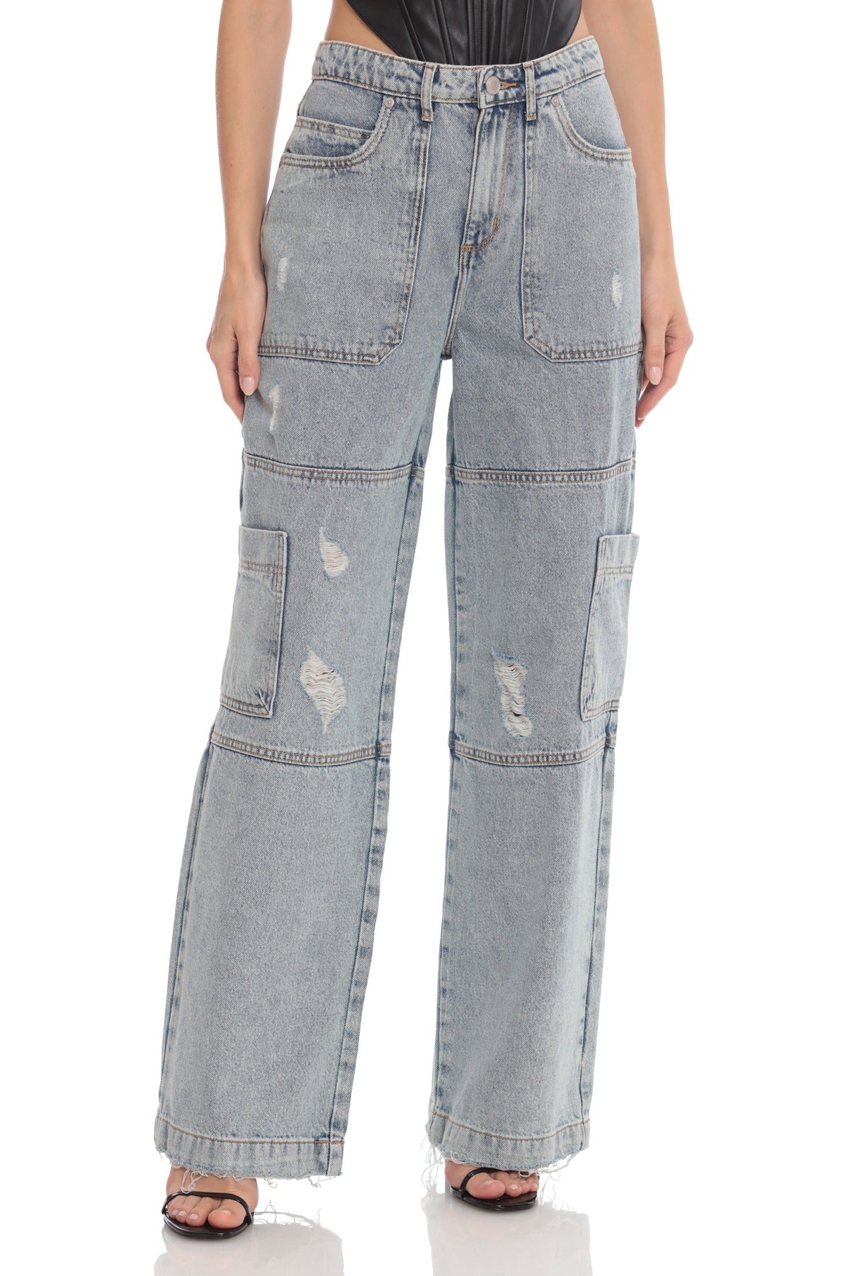 Distressed Wide Leg Cargo Denim Bottoms Tunnel Wash Blue - Women's Flattering Baggy High Waisted Jeans Fashion