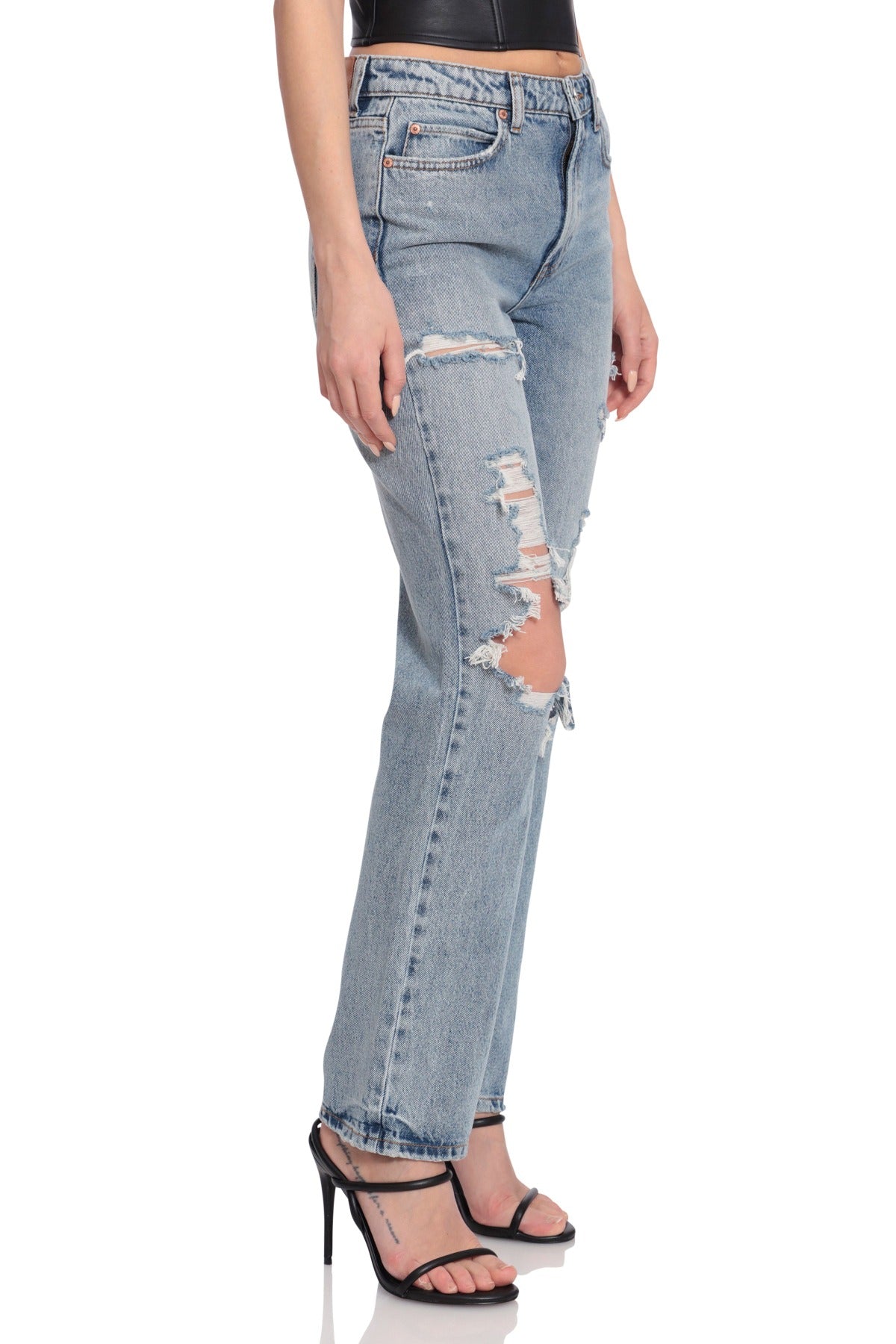 Distressed Straight Leg Non Stretch Rigid Denim Bottoms Mid Morning Wash Blue - Figure Flattering Light Wash Jeans for Women